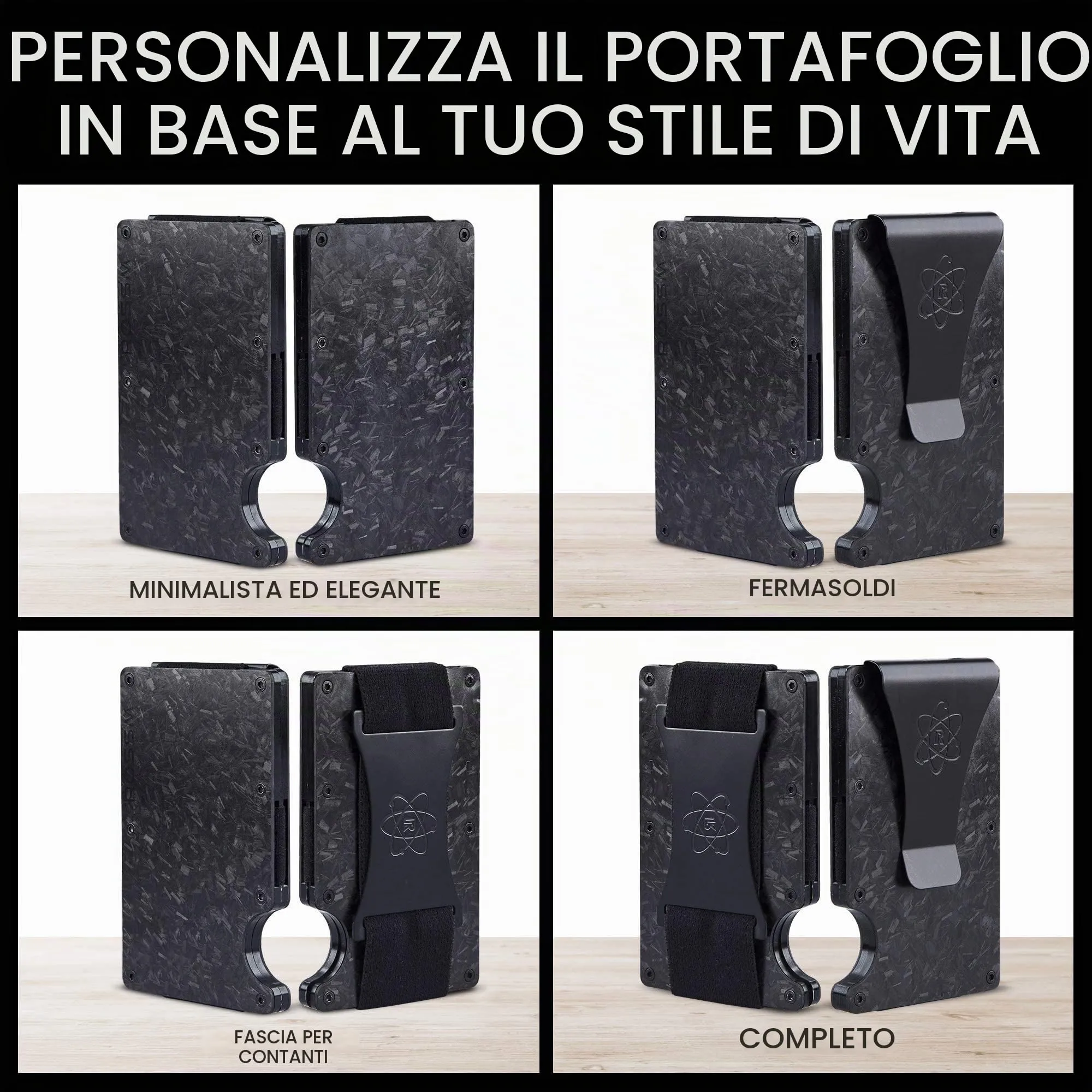 ROSSM Portafoglio Uomo con Blocco RFID, Portacarte Minimalista in Fibra di Carbonio e Metallo con Clip ed Elastico per Banconote - immagine 5