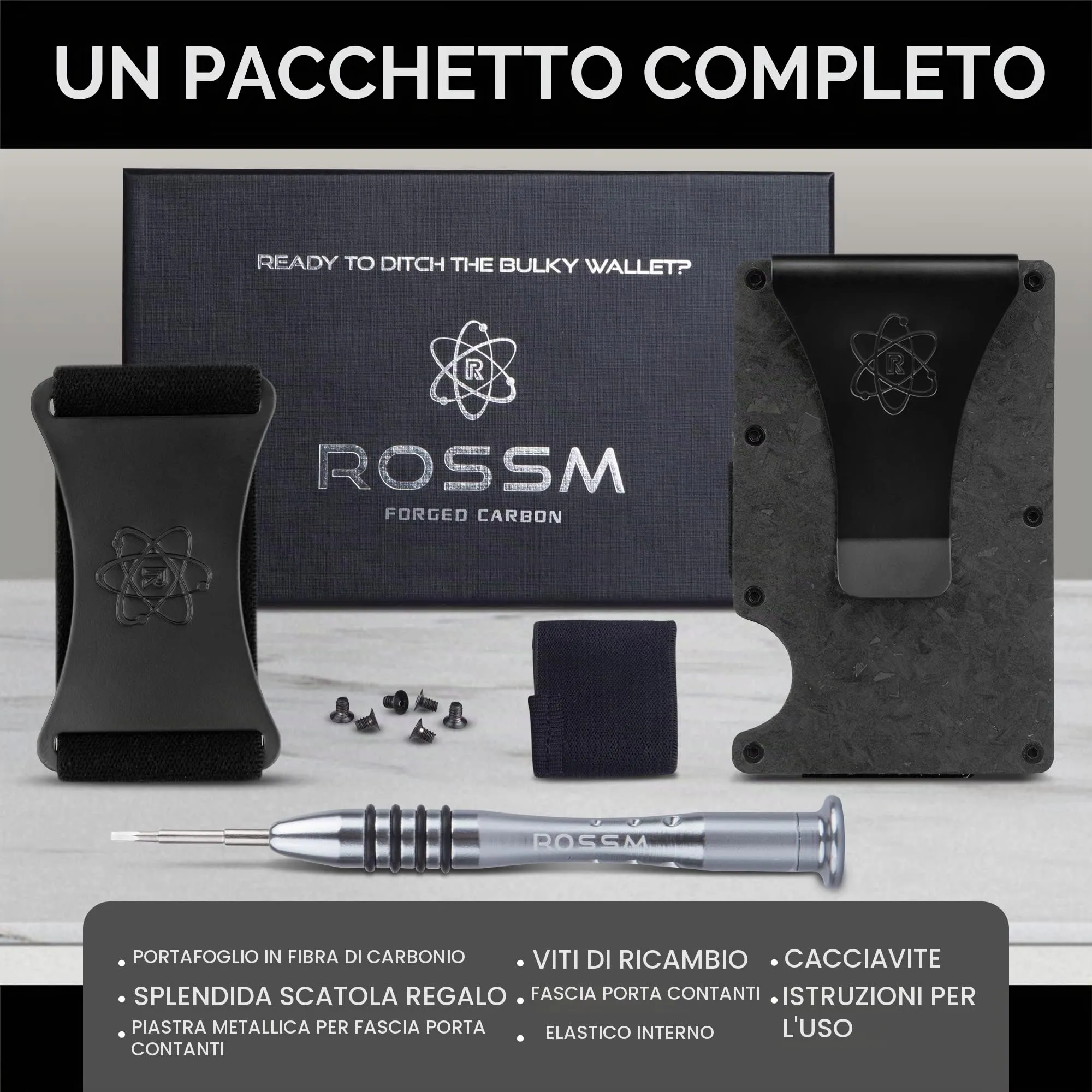 ROSSM Portafoglio Uomo con Blocco RFID, Portacarte Minimalista in Fibra di Carbonio e Metallo con Clip ed Elastico per Banconote - immagine 6