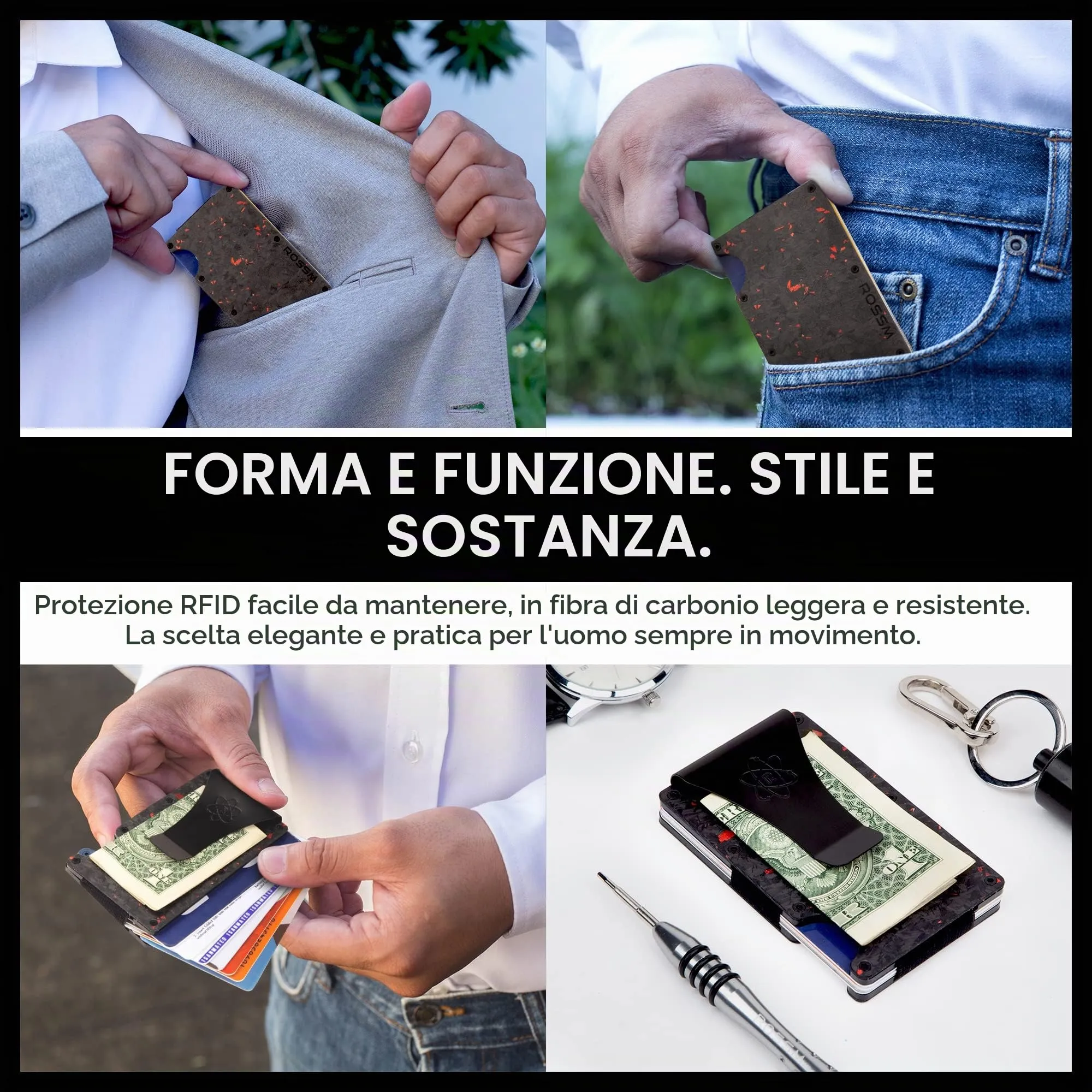 ROSSM Portafoglio Uomo Minimalista in Fibra di Carbonio e Metallo con Blocco RFID, Clip ed Elastico per Banconote - immagine 2