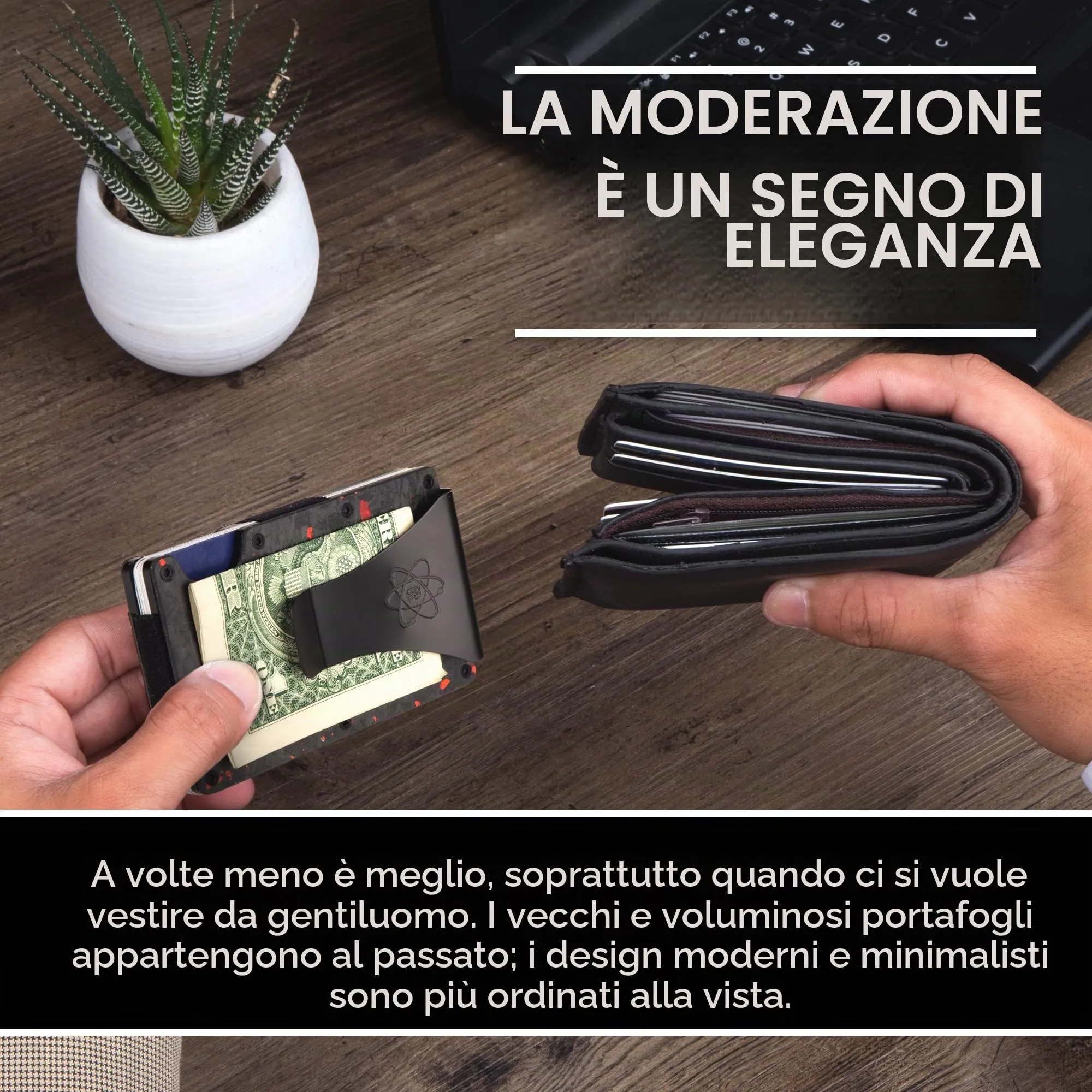 ROSSM Portafoglio Uomo Minimalista in Fibra di Carbonio e Metallo con Blocco RFID, Clip ed Elastico per Banconote - immagine 3