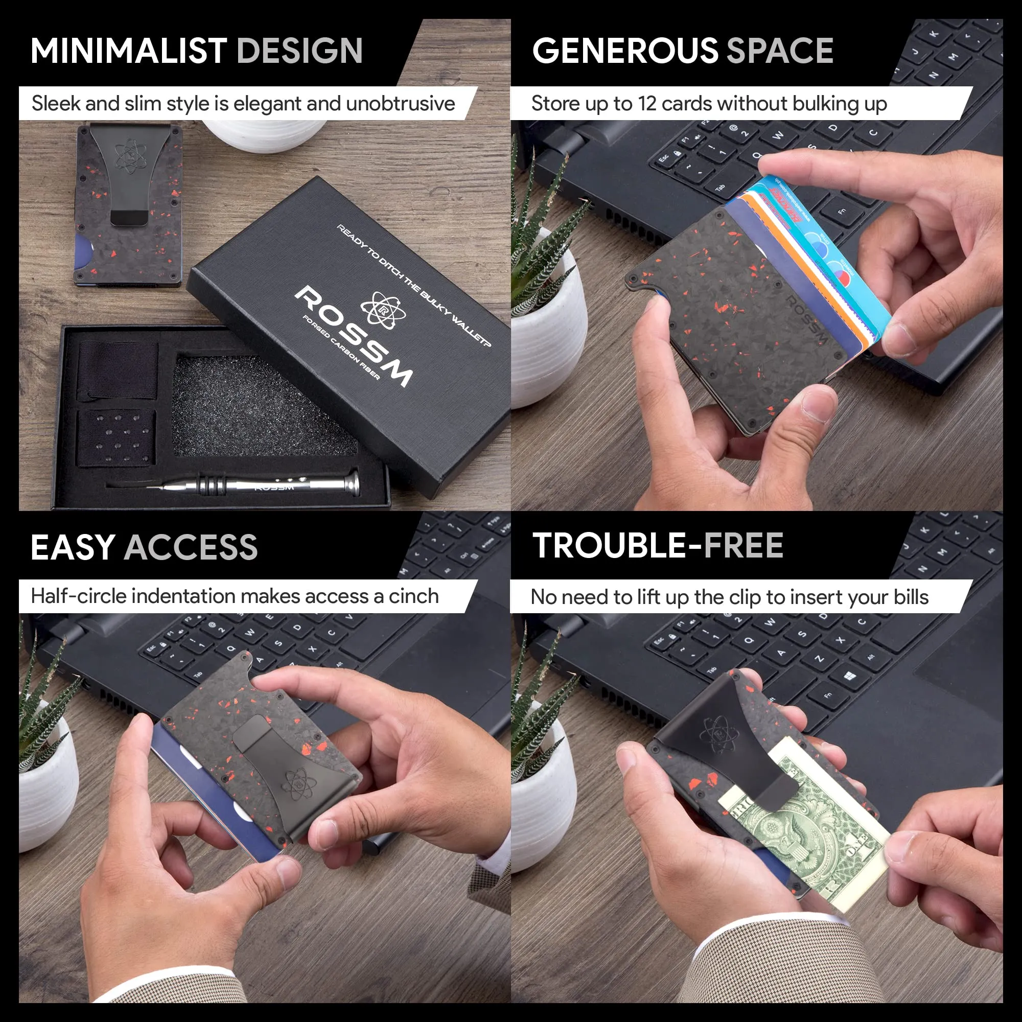 ROSSM Portafoglio Uomo Minimalista in Fibra di Carbonio e Metallo con Blocco RFID, Clip ed Elastico per Banconote - immagine 4