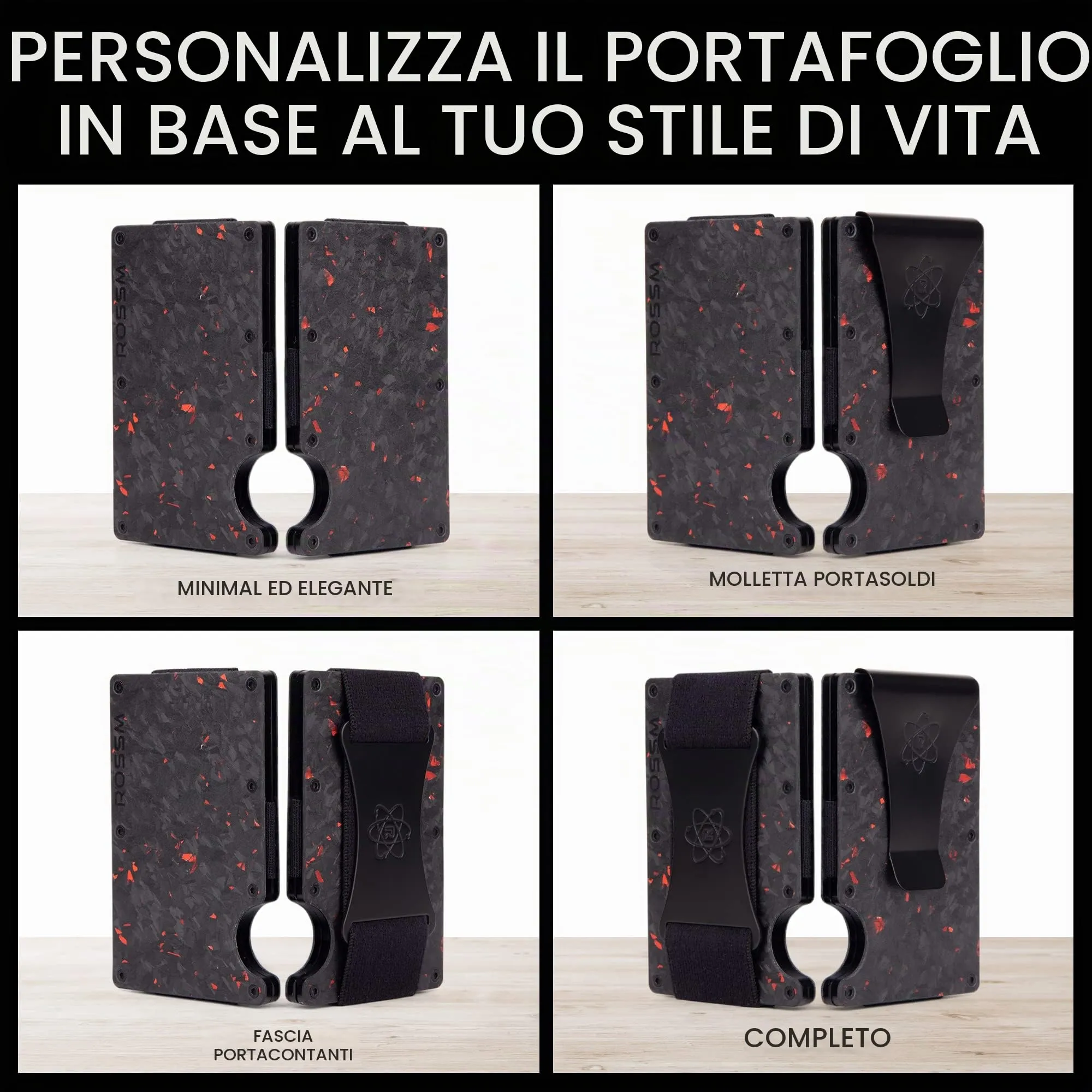 ROSSM Portafoglio Uomo Minimalista in Fibra di Carbonio e Metallo con Blocco RFID, Clip ed Elastico per Banconote - immagine 5
