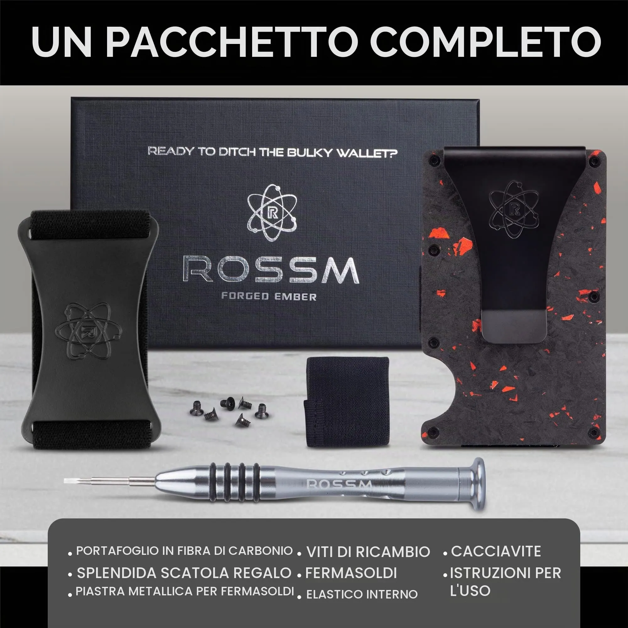 ROSSM Portafoglio Uomo Minimalista in Fibra di Carbonio e Metallo con Blocco RFID, Clip ed Elastico per Banconote - immagine 6