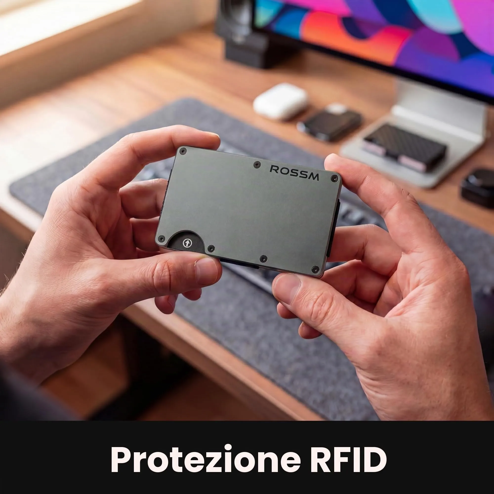 ROSSM Portafoglio Uomo Minimalista con Blocco RFID in Fibra di Carbonio e Metallo, Porta Carte di Credito con Clip ed Elastico per Banconote - immagine 3