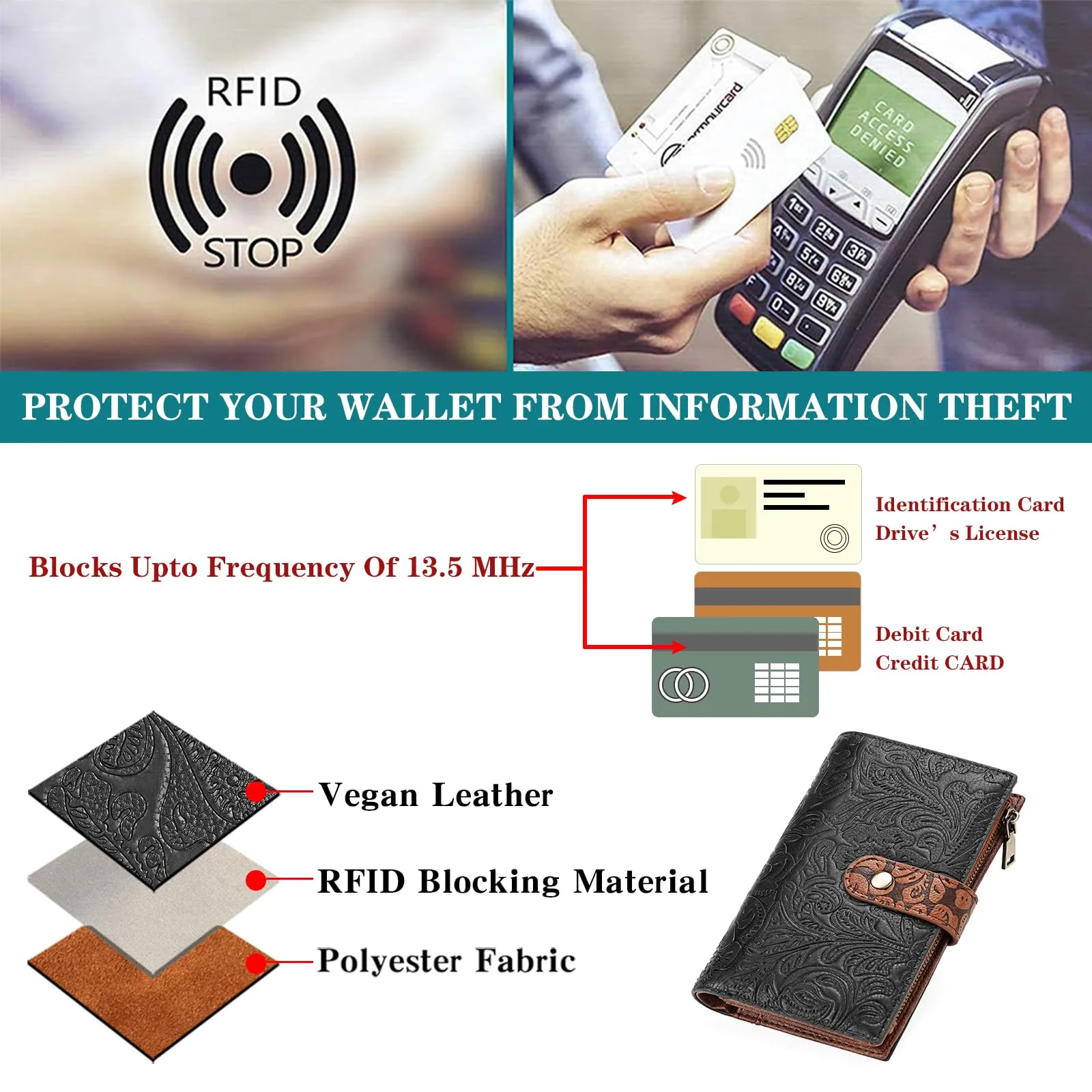 GOIACII Portafoglio Donna in Pelle Sintetica con Protezione RFID, Porta Carte e Scomparto Passaporto - immagine 3