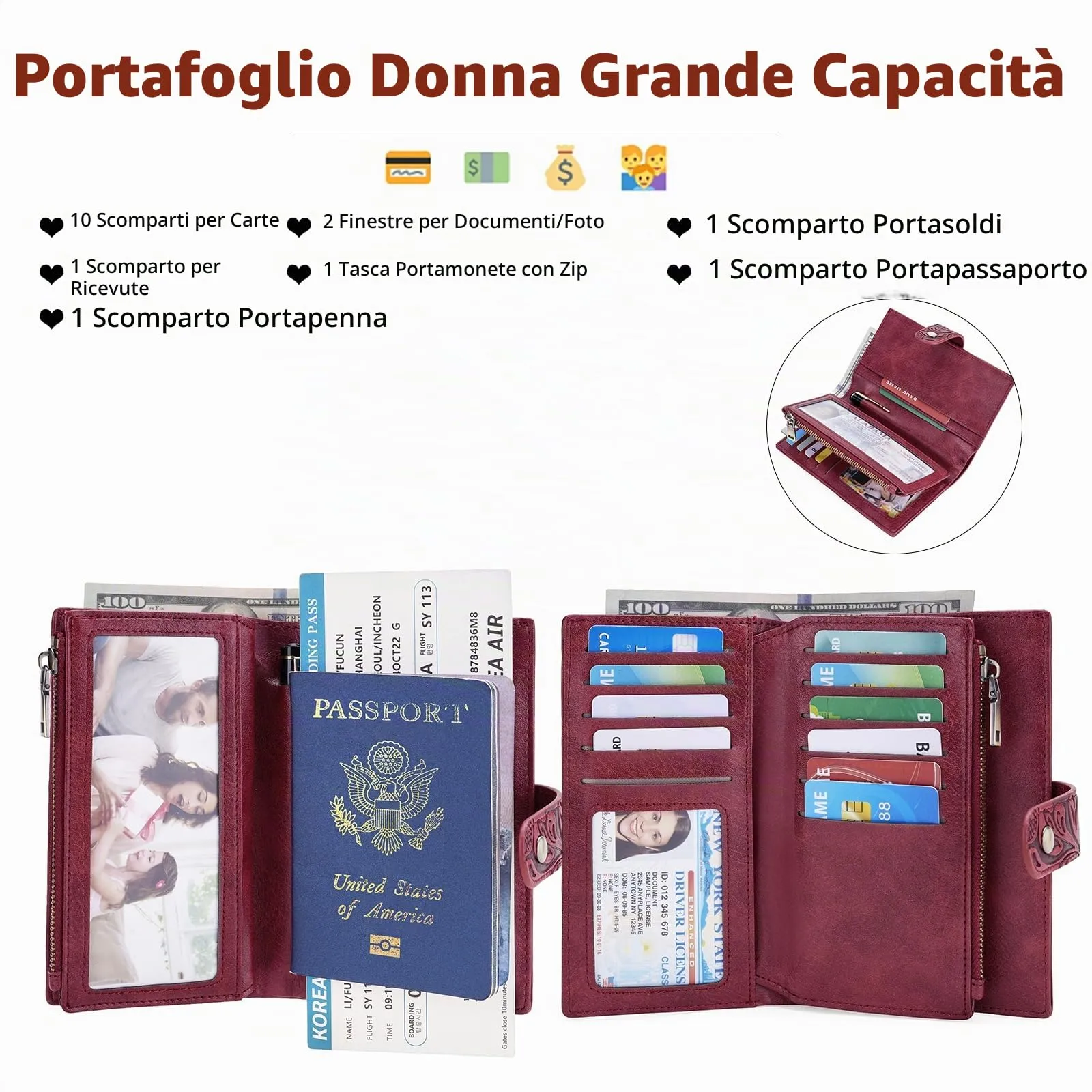 GOIACII Portafoglio Donna in Pelle Sintetica con Protezione RFID e Scomparto Passaporto - immagine 2