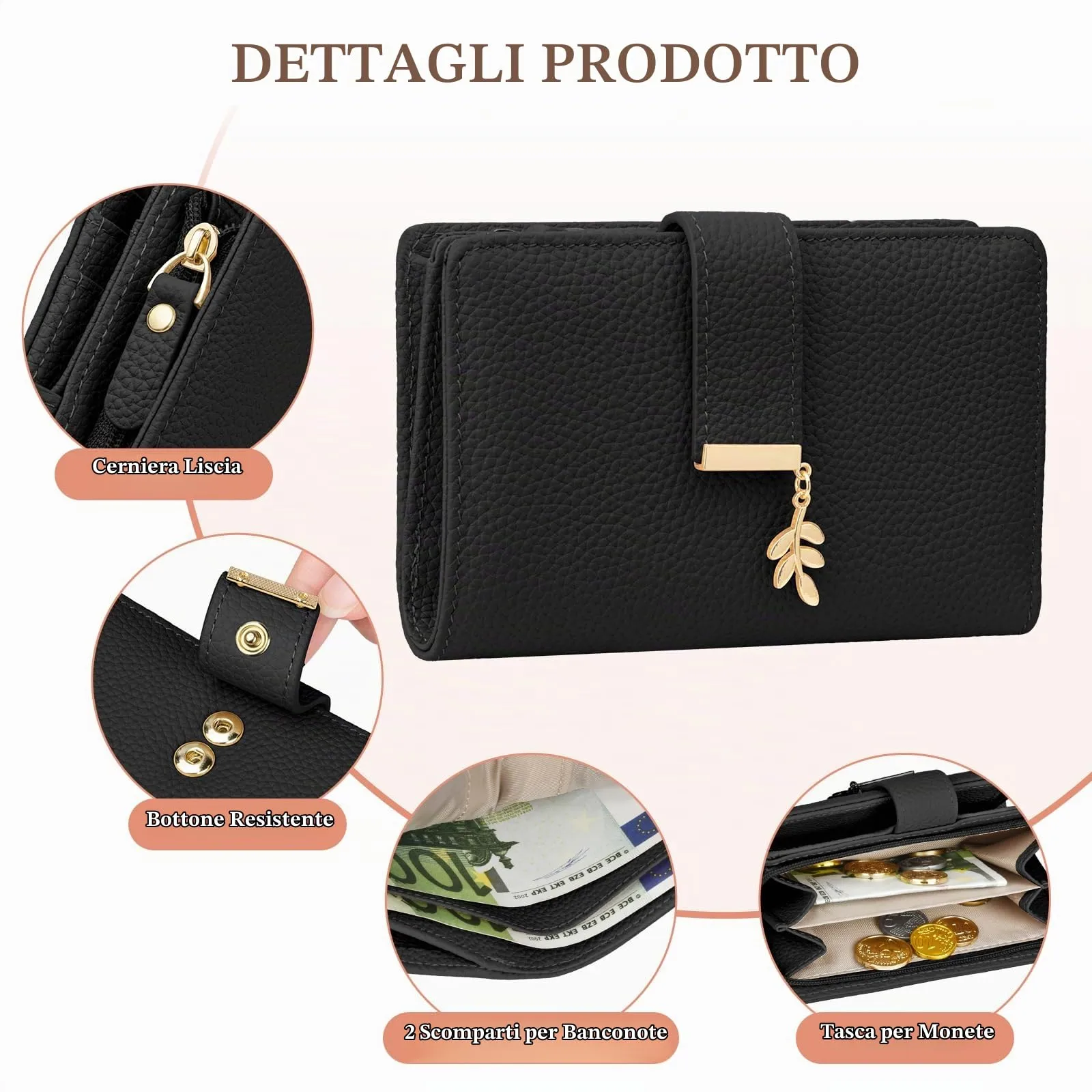 LUROON Portafoglio Medio Donna in Pelle con Blocco RFID e Scomparto Monete - immagine 3