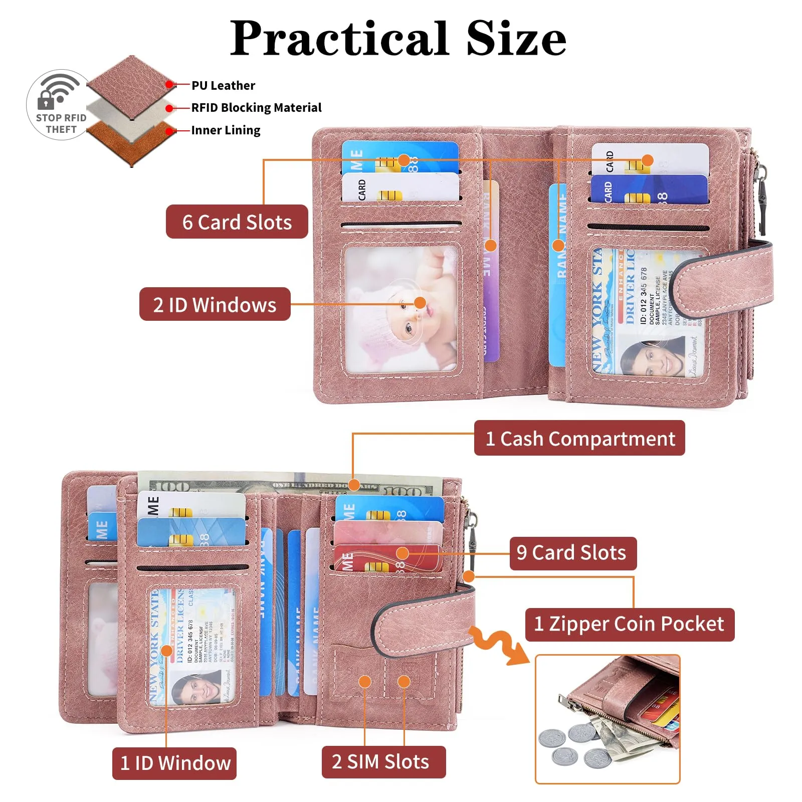 GOIACII Portafogli in pelle per donne con blocco RFID, 12.8 x 3 x 10.5 cm - immagine 3