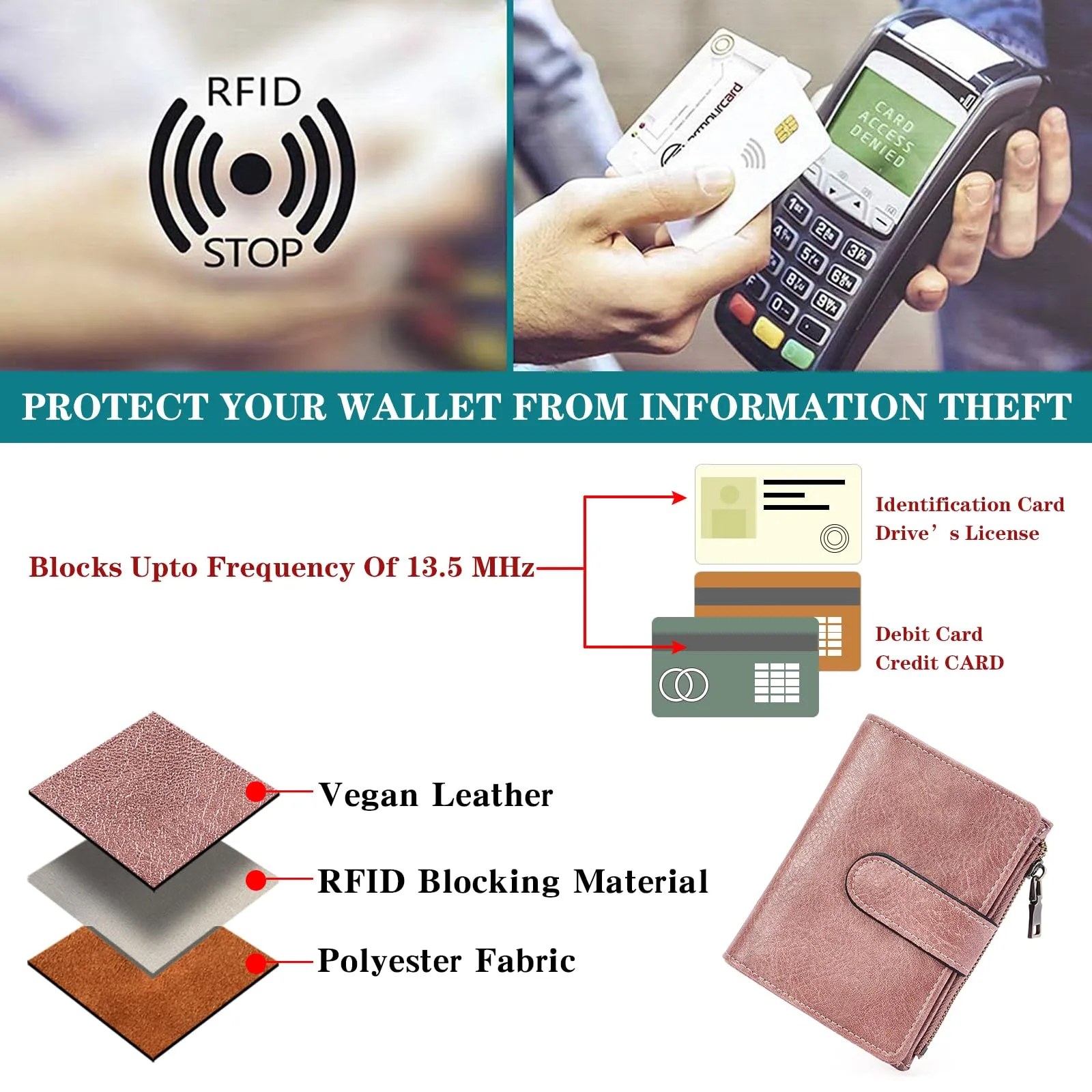 GOIACII Portafogli in pelle per donne con blocco RFID, 12.8 x 3 x 10.5 cm - immagine 4