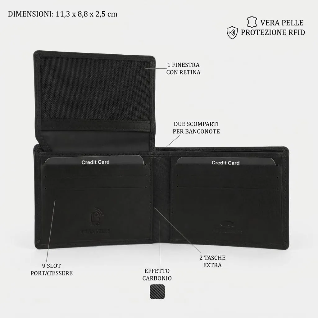 No Limits Portafoglio Uomo in Vera Pelle con Inserti Effetto Carbon e Protezione RFID, Slim Nero - immagine 3
