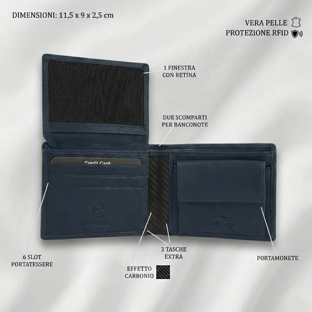 No Limits Portafoglio Uomo in Vera Pelle, Inserti Effetto Carbon, Protezione RFID, Slim Navy - immagine 3