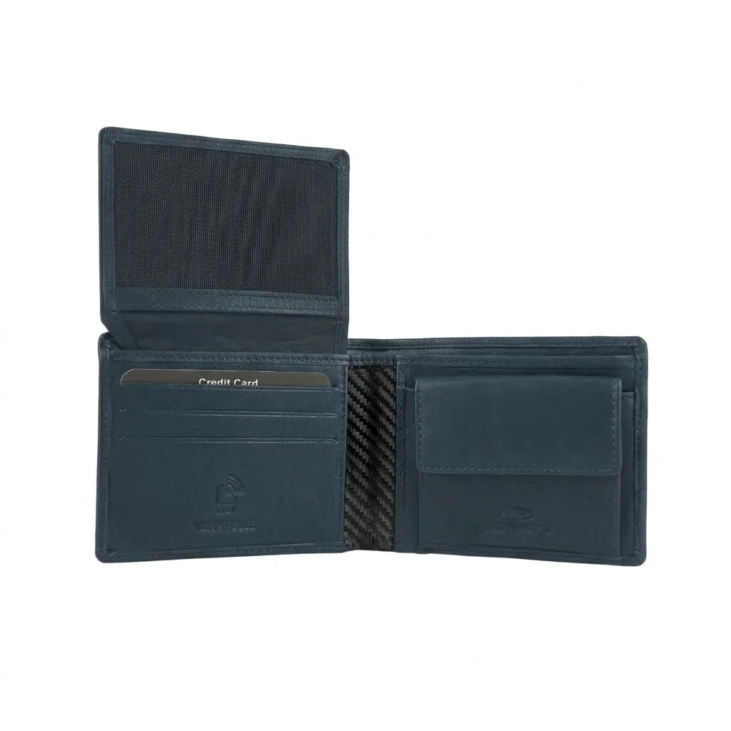 No Limits Portafoglio Uomo in Vera Pelle, Inserti Effetto Carbon, Protezione RFID, Slim Navy - immagine 6