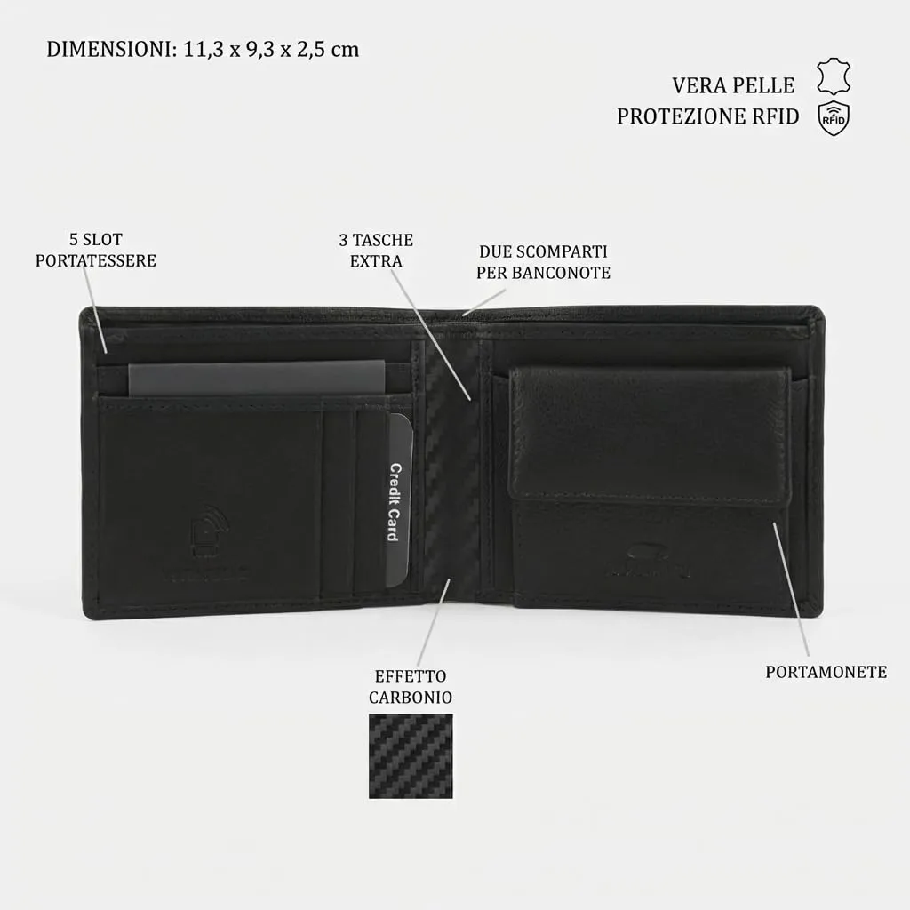 No Limits Portafoglio Uomo in Vera Pelle Slim con Protezione RFID, Effetto Carbon, Nero - immagine 3