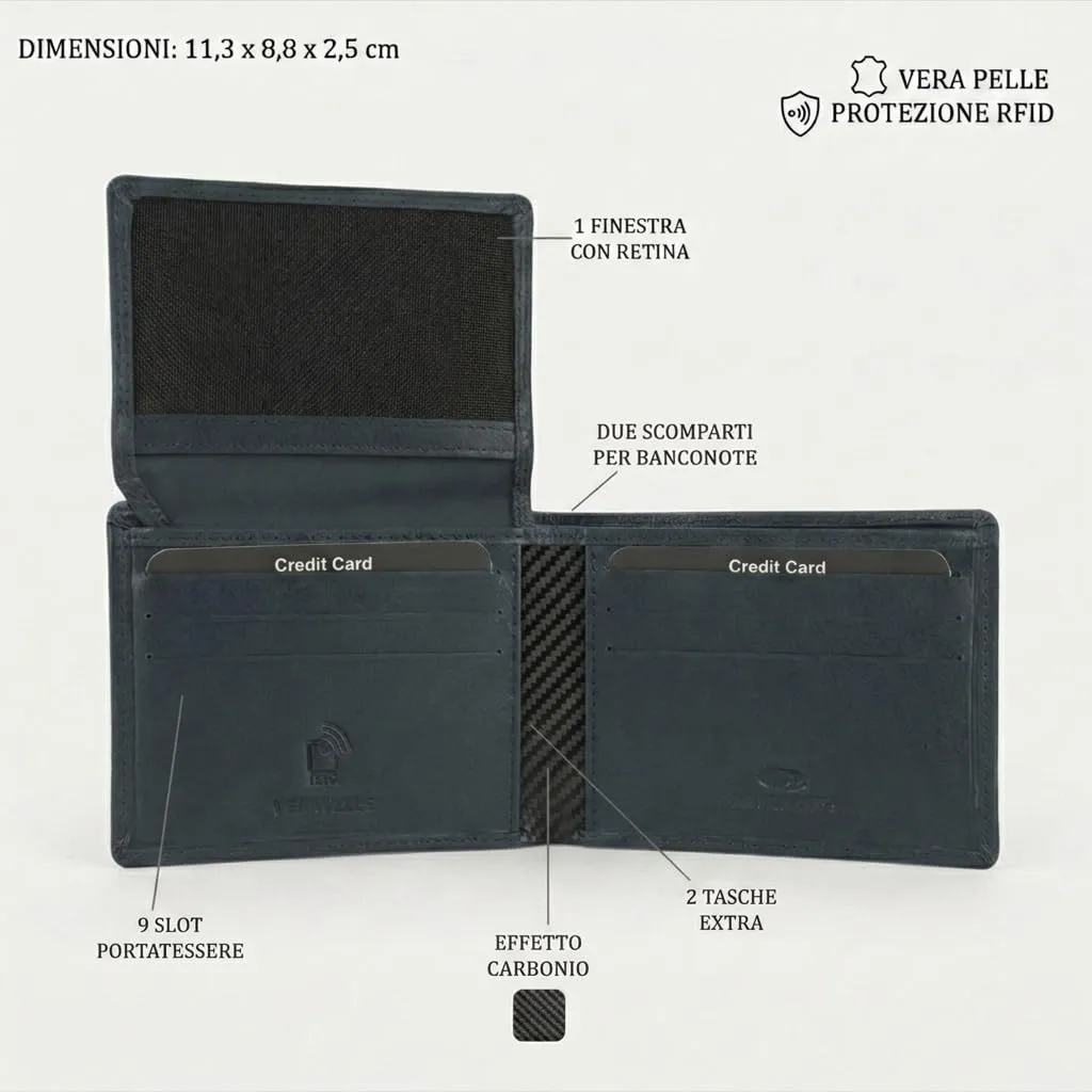 No Limits Portafoglio Uomo in Vera Pelle Effetto Carbon Protezione RFID Slim Navy - immagine 3