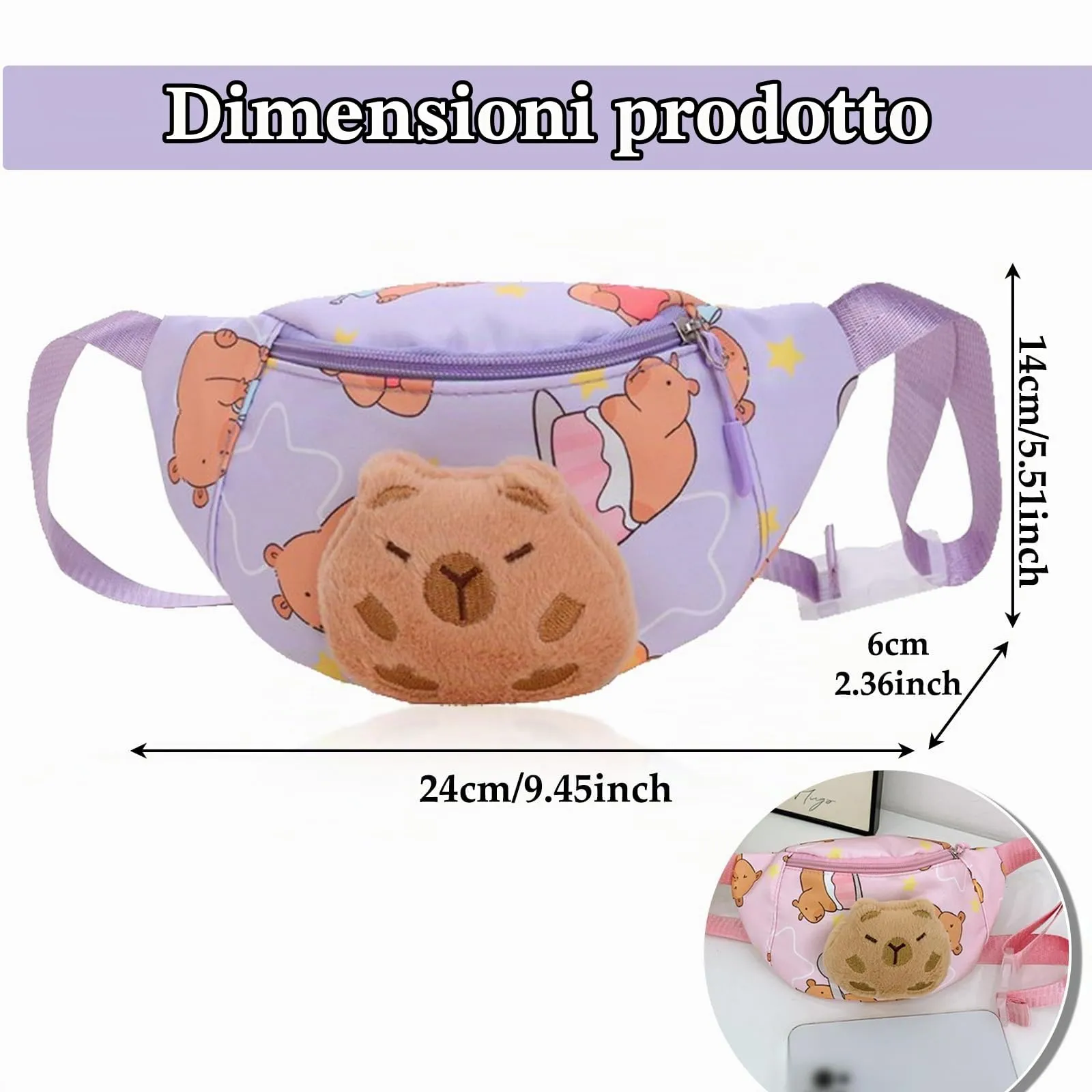 FOSDICK Set 2 Marsupi Capibara per Ragazza, Borsa a Tracolla in Nylon, 24 x 14 cm - immagine 2