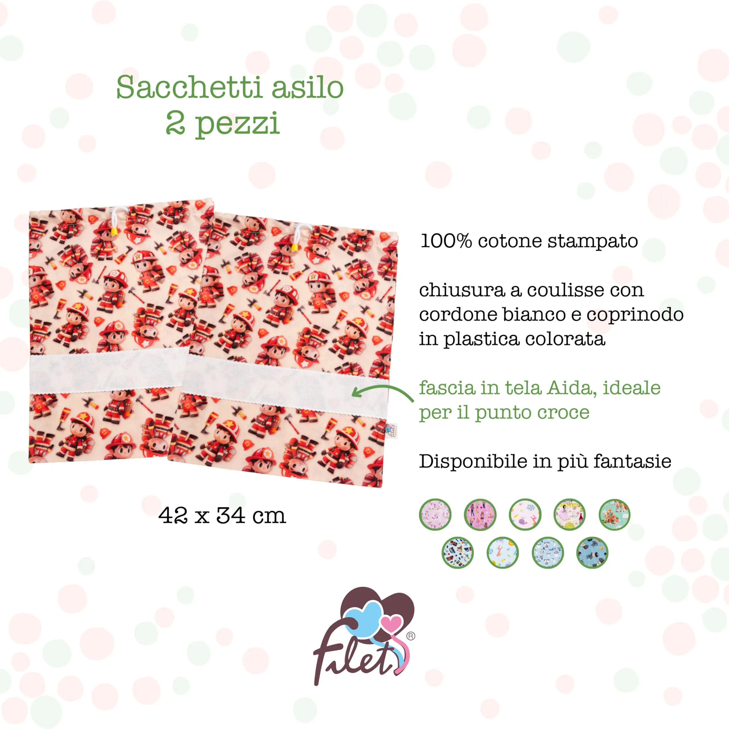 Filet Set 2 Sacchetti Asilo in Cotone con Stampa Pompieri e Inserto in Tela Aida, 42 x 34 cm - immagine 2