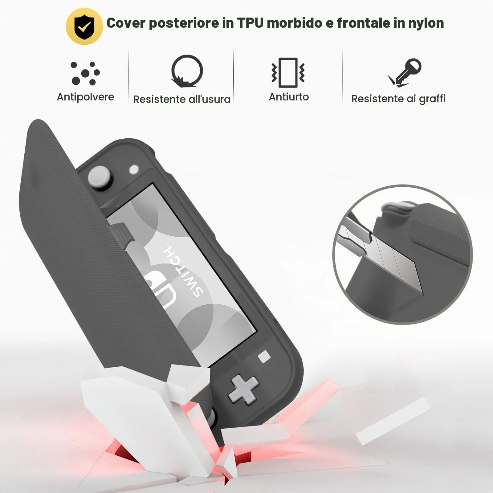 ProCase Custodia Folio per Nintendo Switch Lite 2019 con 2 Vetri Temperati, Copertura Frontale Magnetica Staccabile - Grigio - immagine 3