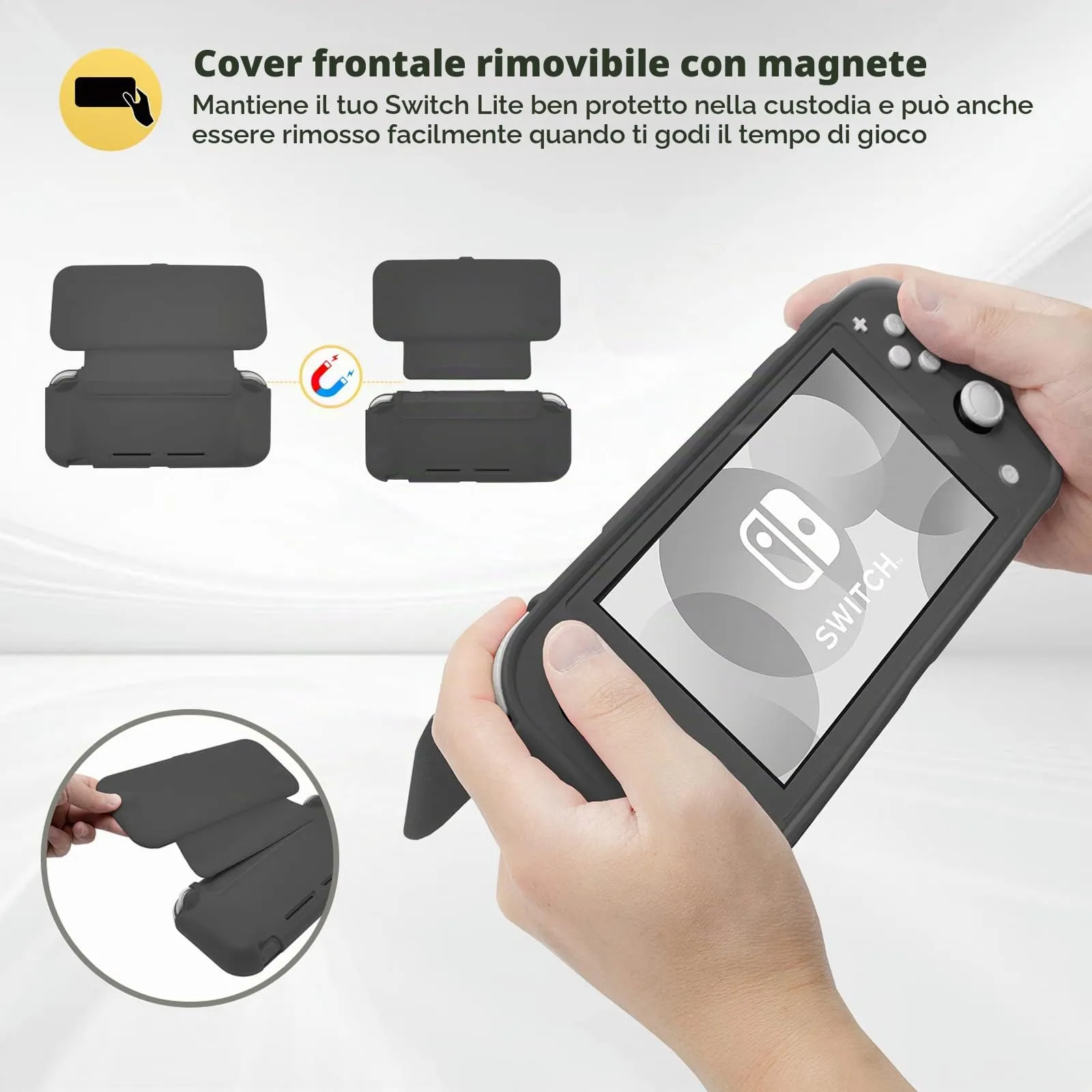 ProCase Custodia Folio per Nintendo Switch Lite 2019 con 2 Vetri Temperati, Copertura Frontale Magnetica Staccabile - Grigio - immagine 4