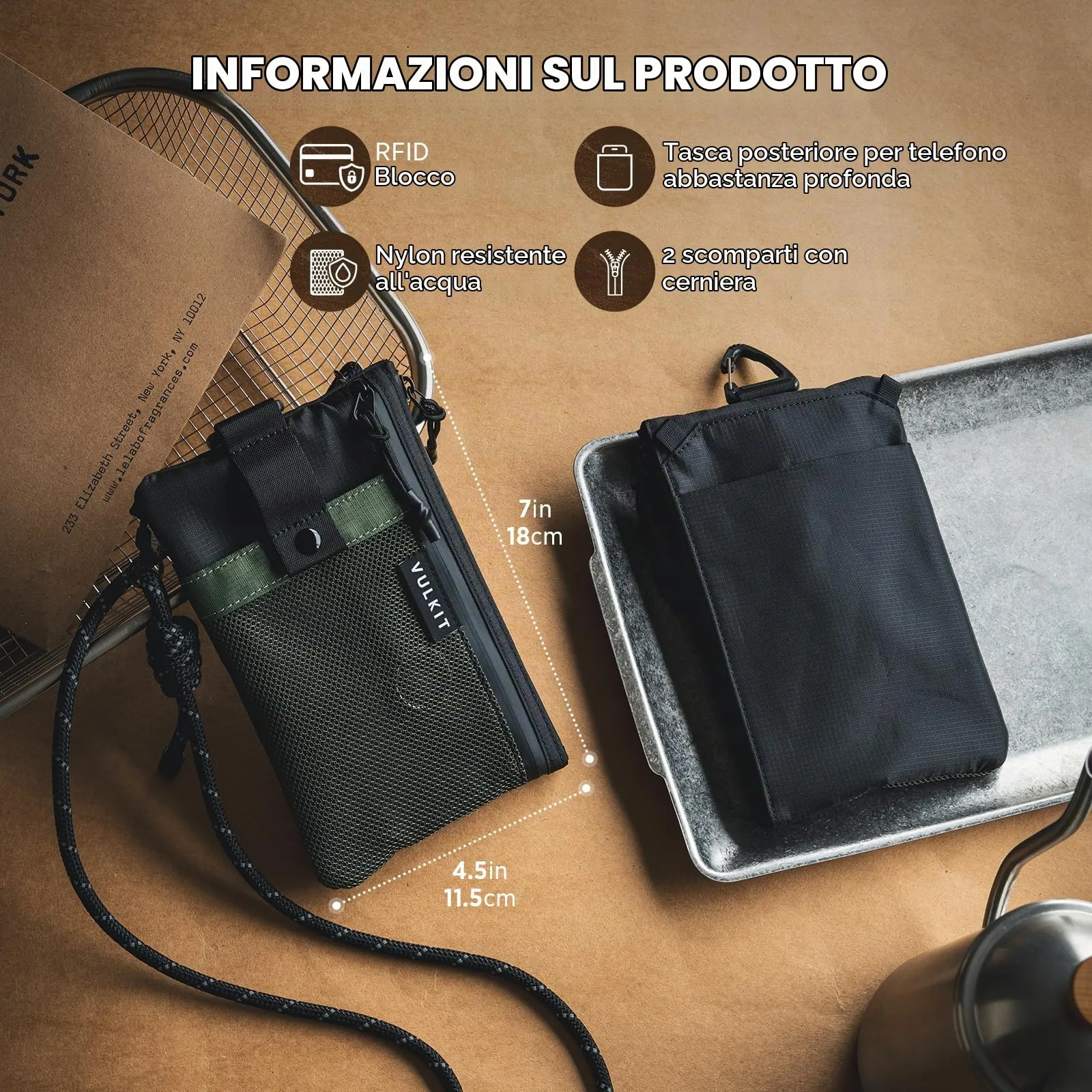 VULKIT Portafoglio Minimalistico RFID Impermeabile con Finestra Identificativa e Cerniera, Verde Militare-Nero, Taglia Grande - immagine 8