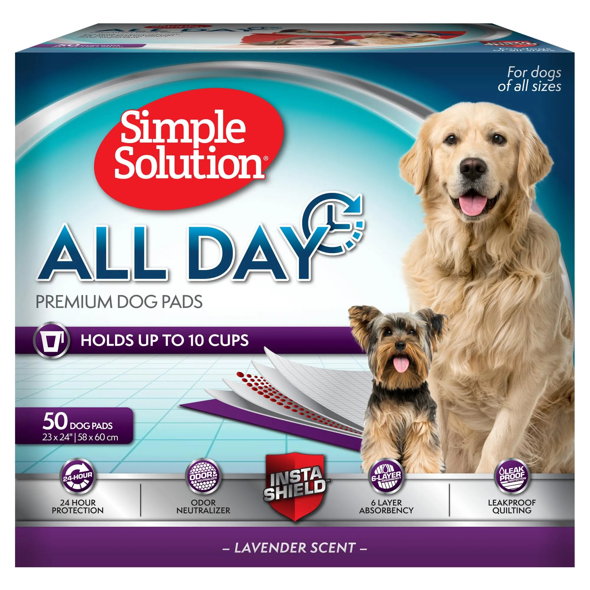 Simple Solution 6-Layer All Day Premium Dog Pads, Lavender Scent, 50 Count - immagine 1