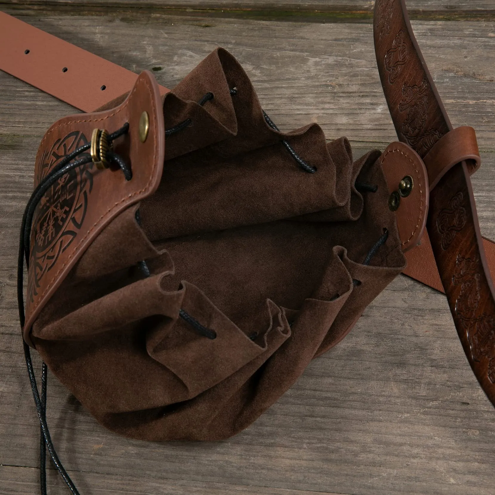 Thajaling Borsa Vichinga Medievale in Pelle Sintetica con Motivo Fenice e Bussola, Marrone - immagine 6