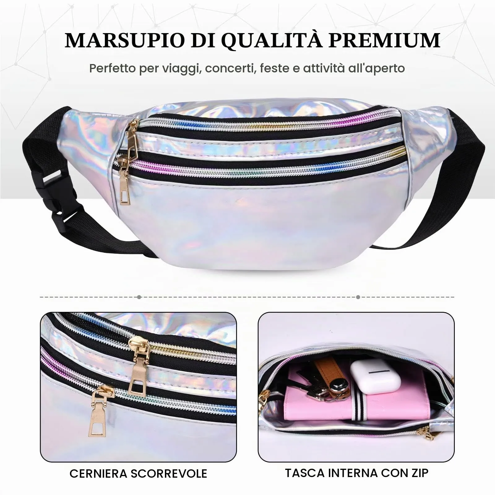 Flintronic Marsupio da Donna Impermeabile Regolabile in Pelle PU Argento - immagine 2