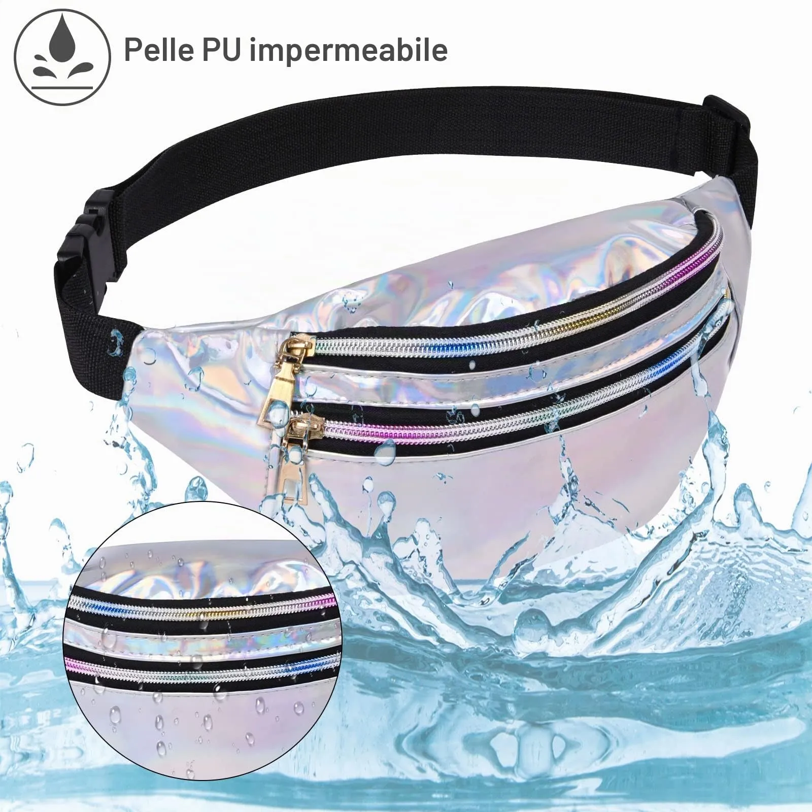 Flintronic Marsupio da Donna Impermeabile Regolabile in Pelle PU Argento - immagine 4