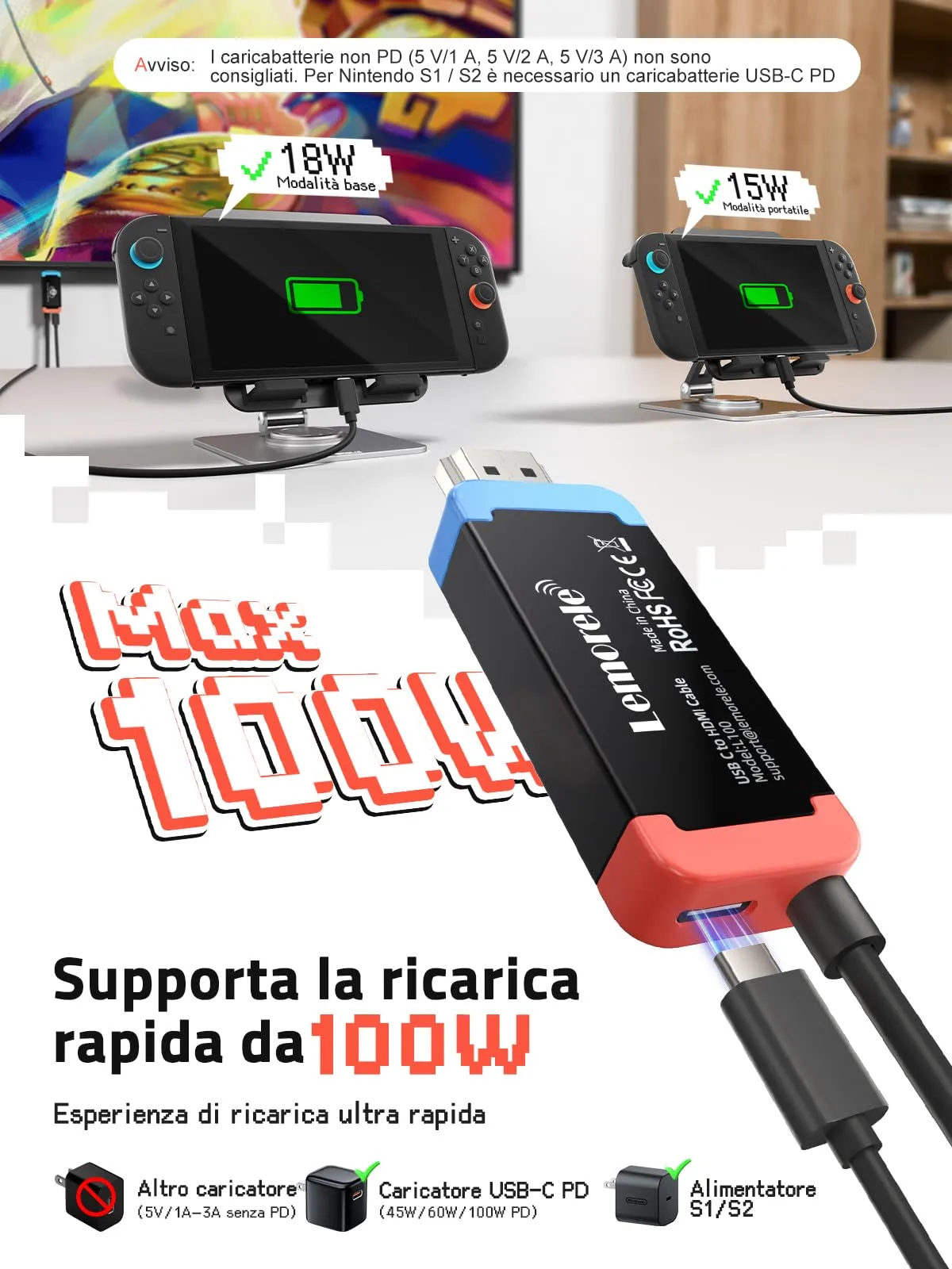 Lemorele Cavo USB-C HDMI per Nintendo Switch 2, 1.5m - immagine 4