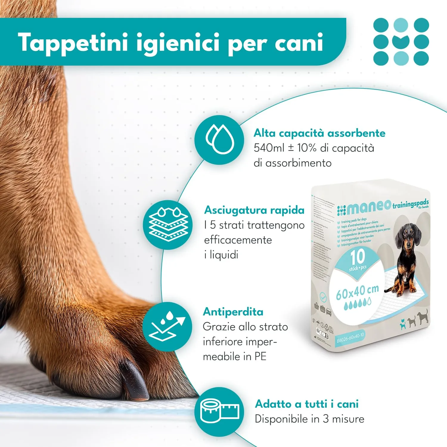 maneo Tappetini Assorbenti per Cuccioli 60x40 cm, 20 Pezzi - immagine 2