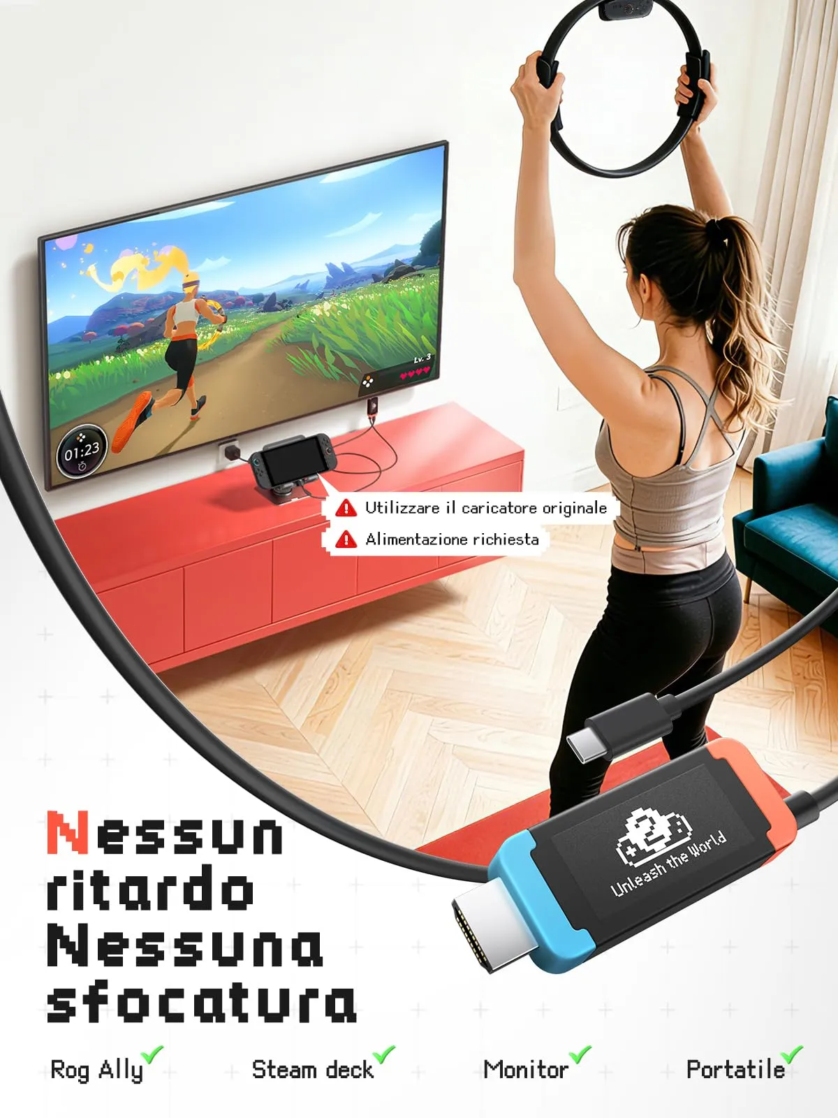 Lemorele Adattatore USB-C to HDMI 4K@60Hz con Power Delivery 100W, 2m, compatibile con Switch, Steam Deck, ROG Ally - immagine 2