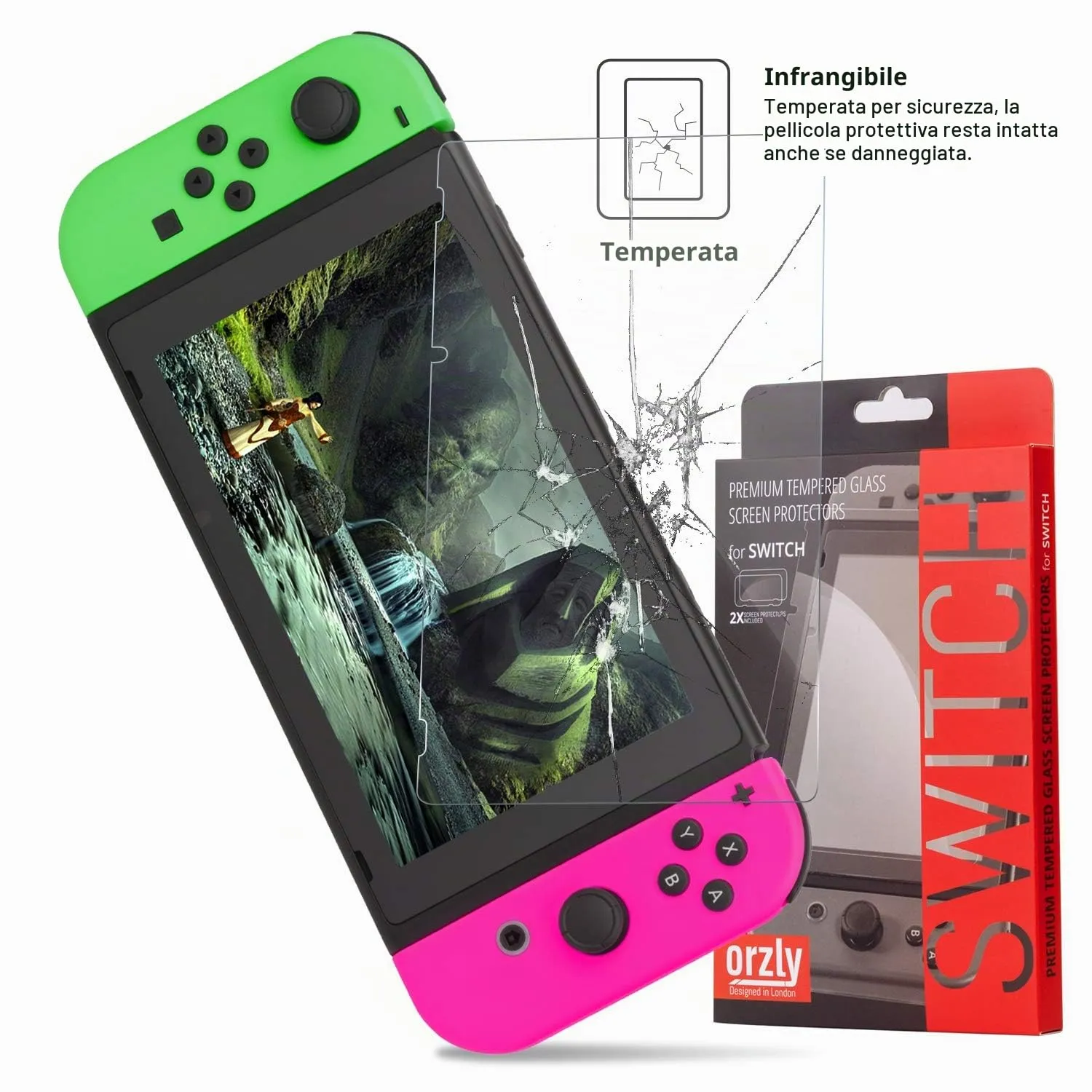 Orzly Pellicola protettiva in vetro temperato per Nintendo Switch 6,2 pollici, confezione da 2 - immagine 7