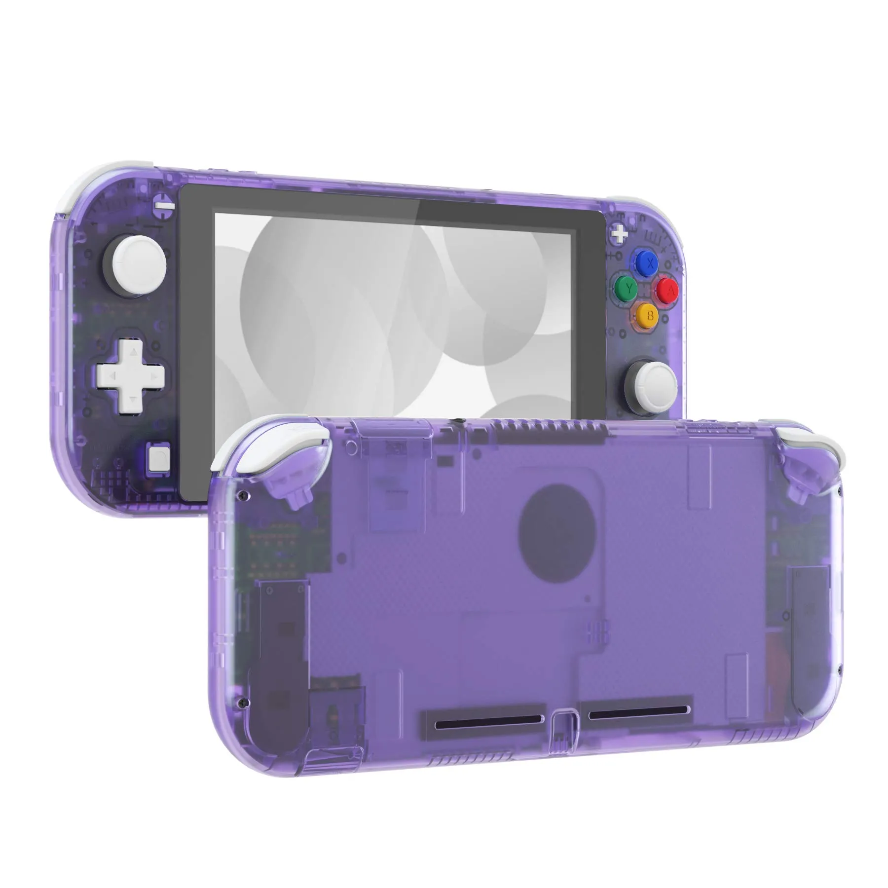 eXtremeRate Replacement Shell and ABXY Buttons for Nintendo Switch Lite with Tempered Glass Screen Protector - Transparent Atomic Purple - immagine 1
