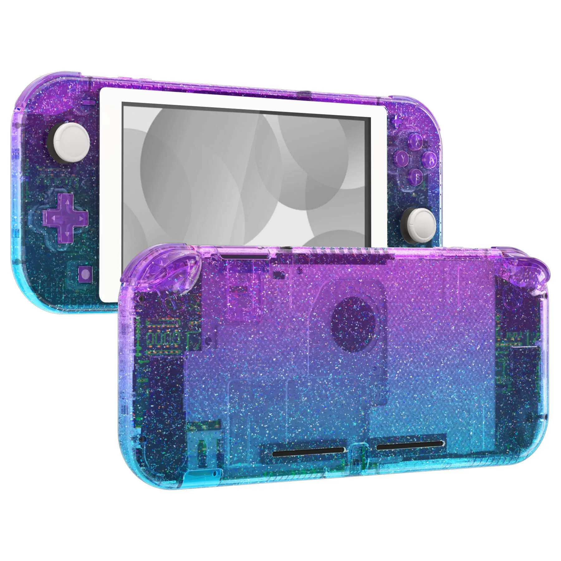 eXtremeRate Replacement Shell and Buttons for Nintendo Switch Lite with Tempered Glass Screen Protector - Glitter Gradient Purple Cyan & White - immagine 1