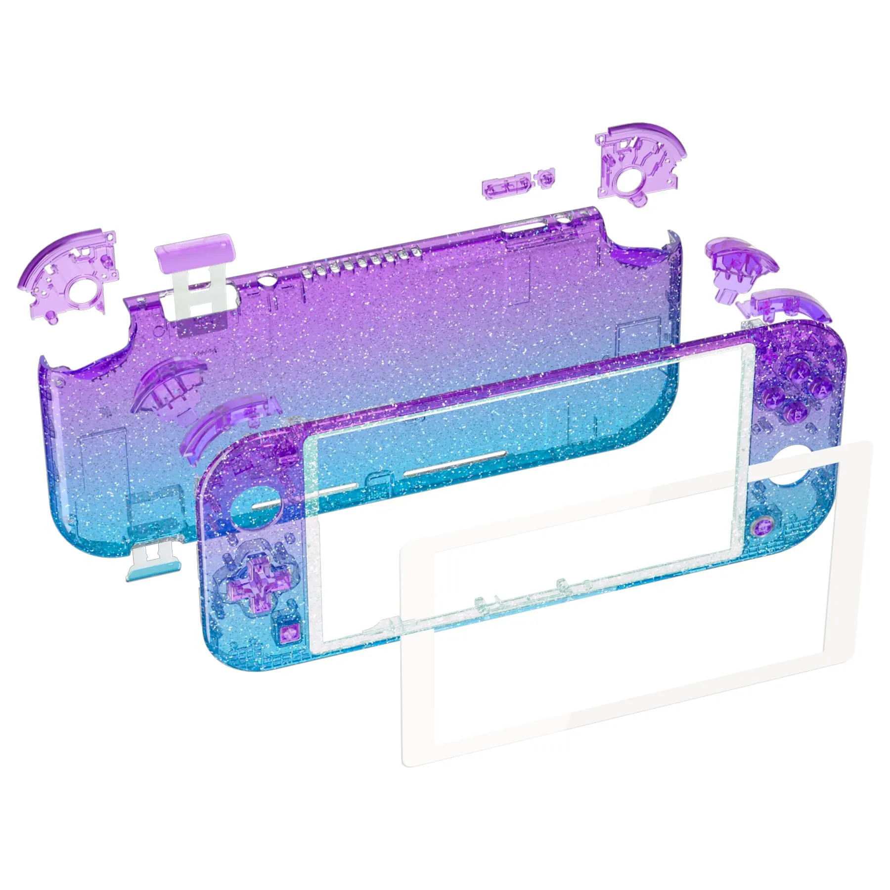 eXtremeRate Replacement Shell and Buttons for Nintendo Switch Lite with Tempered Glass Screen Protector - Glitter Gradient Purple Cyan & White - immagine 2