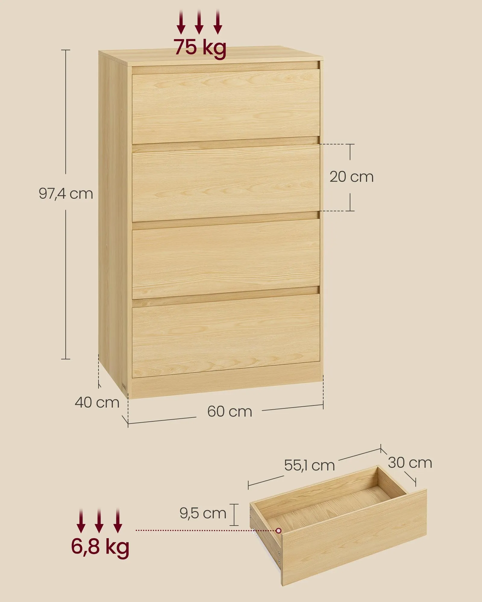 VASAGLE Cassettiera Moderna con 4 Cassetti LTS614YJ01 - immagine 5