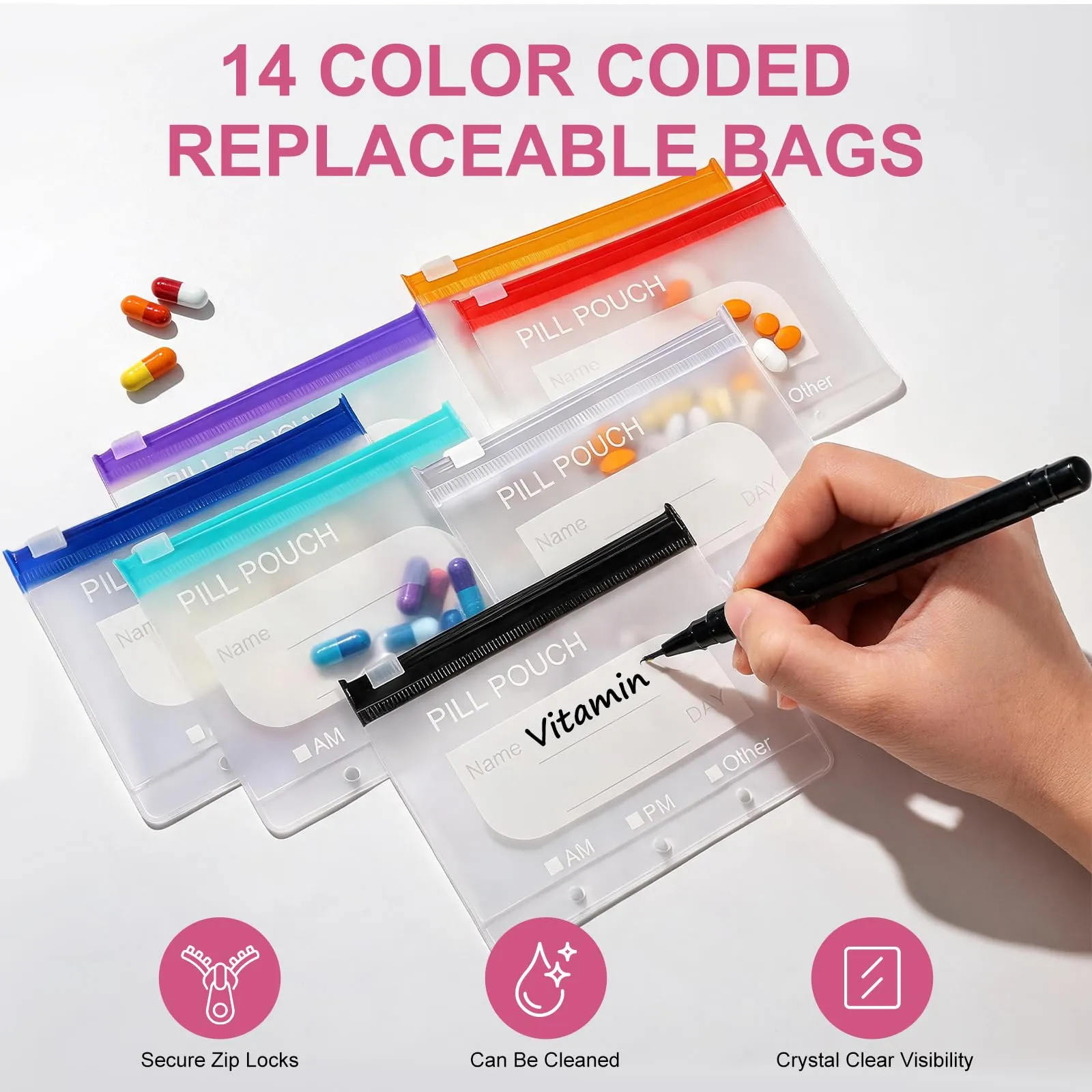 PUGTOW Set di Sacchetti per Pillole Impermeabili con 14 Bustine Colorate, A8 - immagine 2