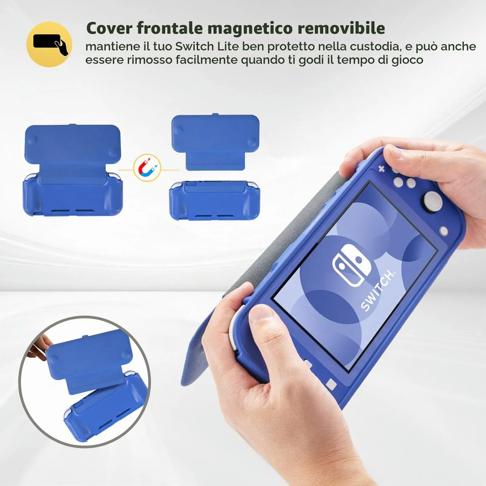 ProCase Custodia Folio Protettiva con 2 Vetri Temperati per Nintendo Switch Lite 2019, Copertura Frontale Staccabile Magnetica (Blu) - immagine 5