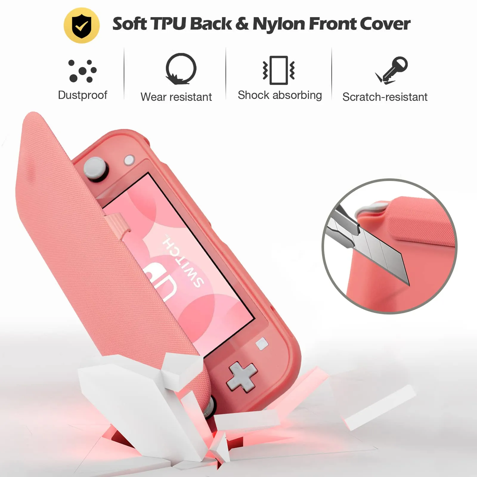 ProCase Custodia Folio con 2 Vetri Temperati per Nintendo Switch Lite 2019, Copertura Frontale Magnetica Staccabile - Corallo - immagine 3