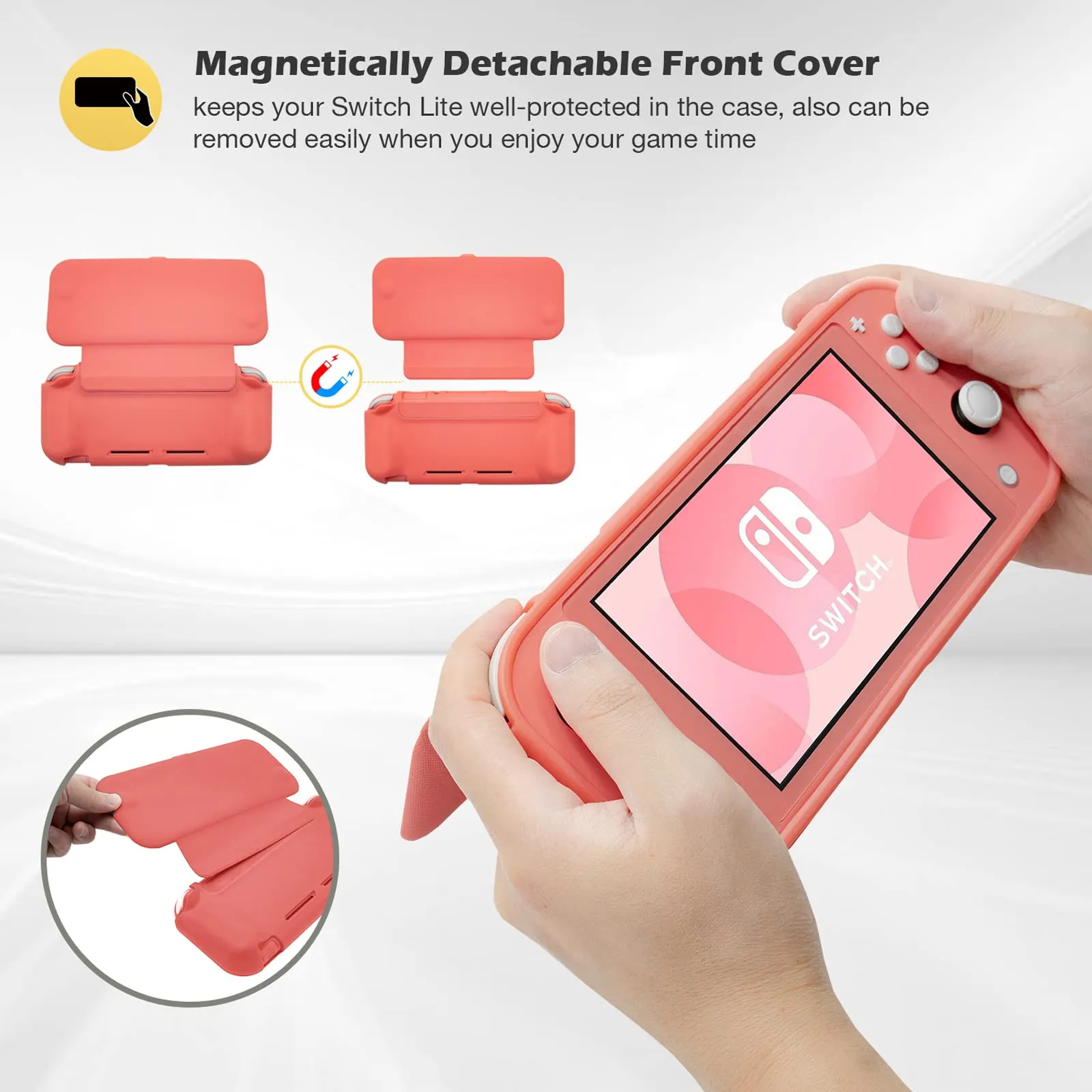 ProCase Custodia Folio con 2 Vetri Temperati per Nintendo Switch Lite 2019, Copertura Frontale Magnetica Staccabile - Corallo - immagine 4