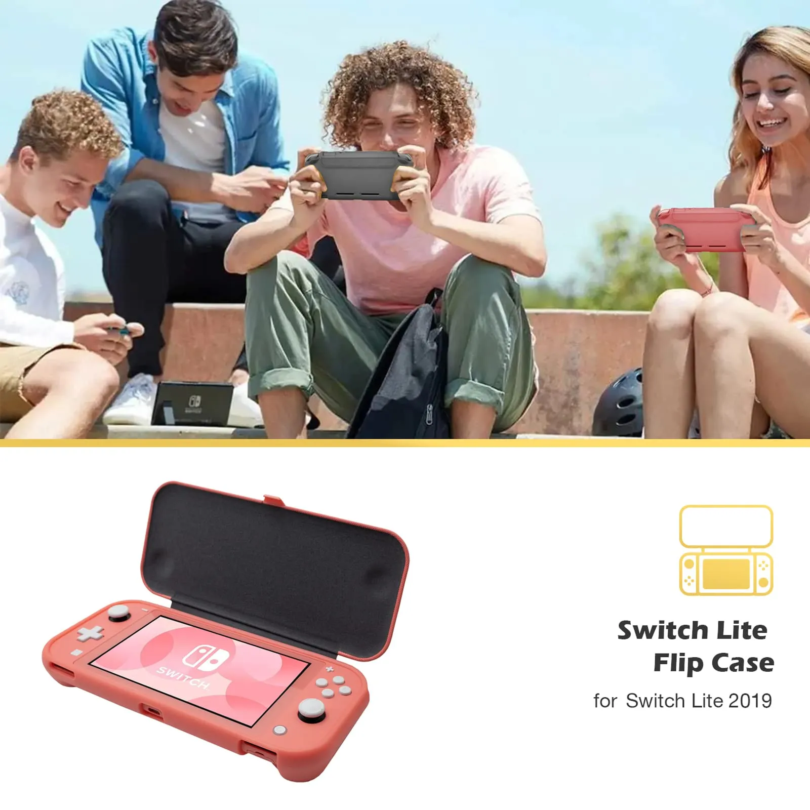 ProCase Custodia Folio con 2 Vetri Temperati per Nintendo Switch Lite 2019, Copertura Frontale Magnetica Staccabile - Corallo - immagine 8
