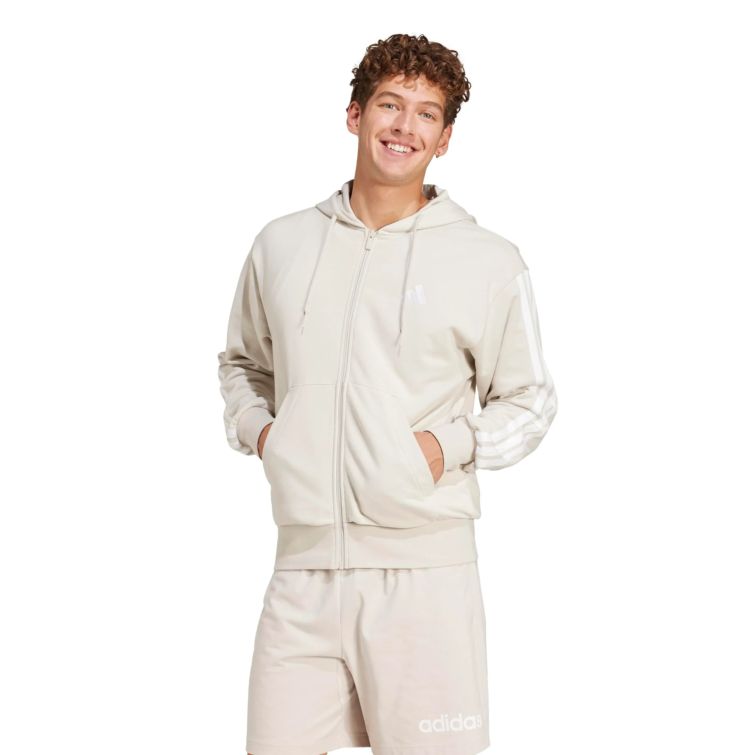 adidas Essential Three Stripes French Terry Fullzip Hoodie, Wonder Alumina/White, XL - immagine 2