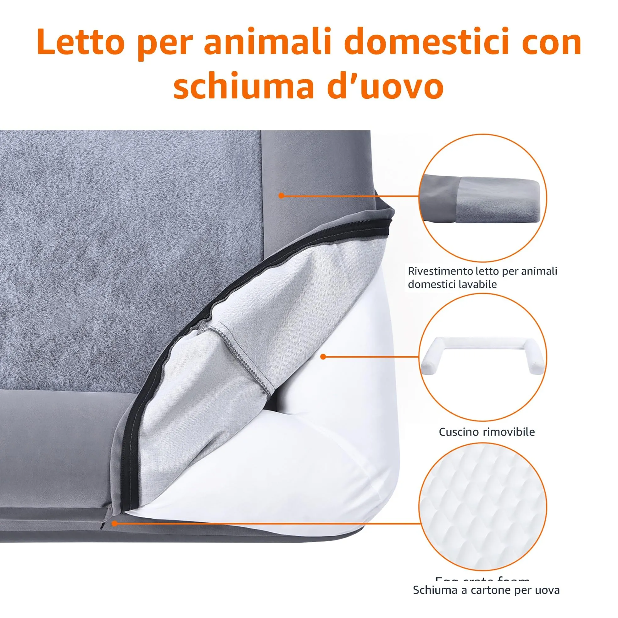 Amazon Basics Lettino per Cane e Animali Domestici in Schiuma con Fodera Rimovibile, Grigio, 112 x 89 x 20 cm - immagine 3