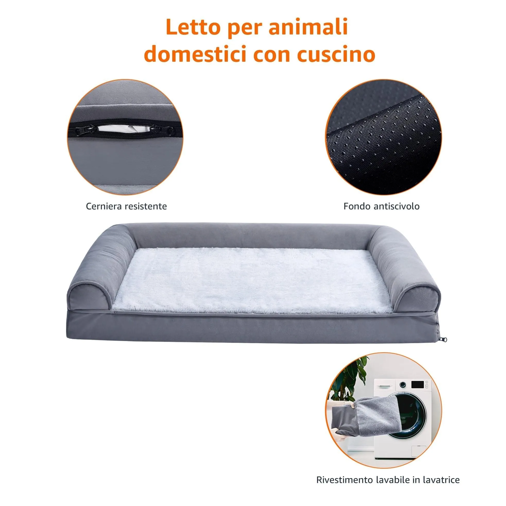 Amazon Basics Lettino per Cane e Animali Domestici in Schiuma con Fodera Rimovibile, Grigio, 112 x 89 x 20 cm - immagine 5