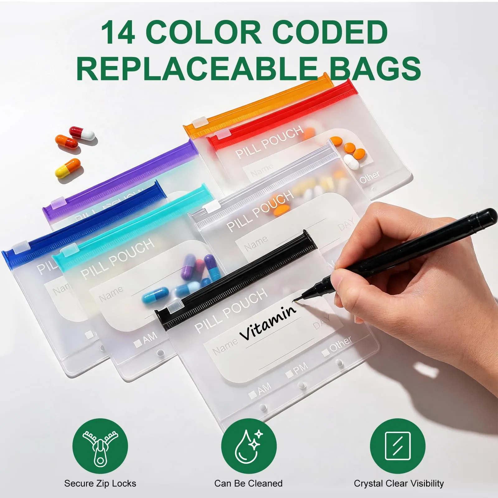 PUGTOW Set di Sacchetti per Pillole Impermeabili con 14 Bustine Colorate, A8 - immagine 2