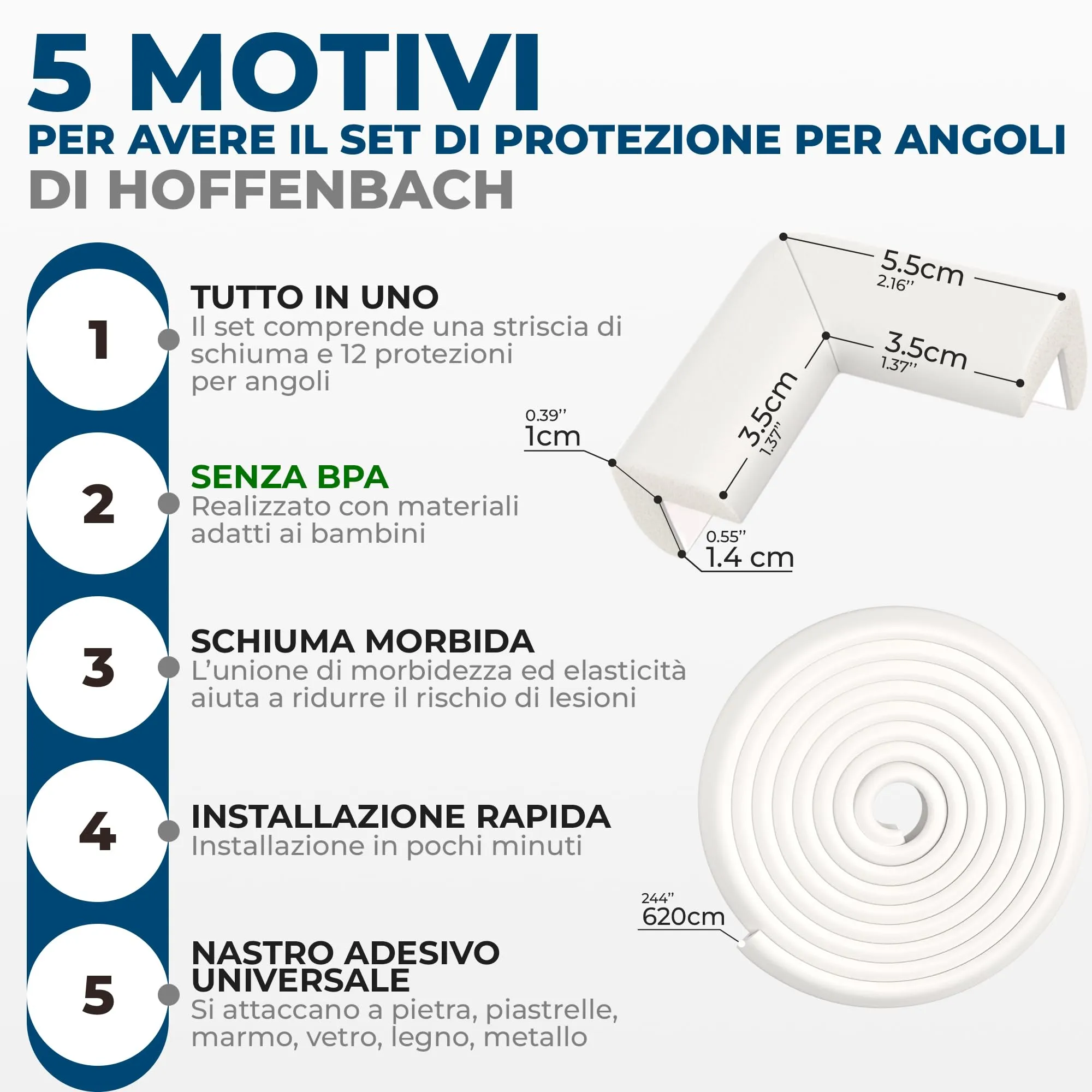 Hoffenbach Paraspigoli per Bambini, 6,2 m + 12 Angolari, Paracolpi per Lettino e Mobili in Gomma, Bianco Lana - immagine 3