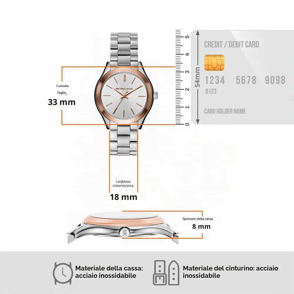 Michael Kors Slim Runway Orologio da Donna MK3514, 33 mm, Acciaio Inossidabile, Argento e Oro Rosa - immagine 6
