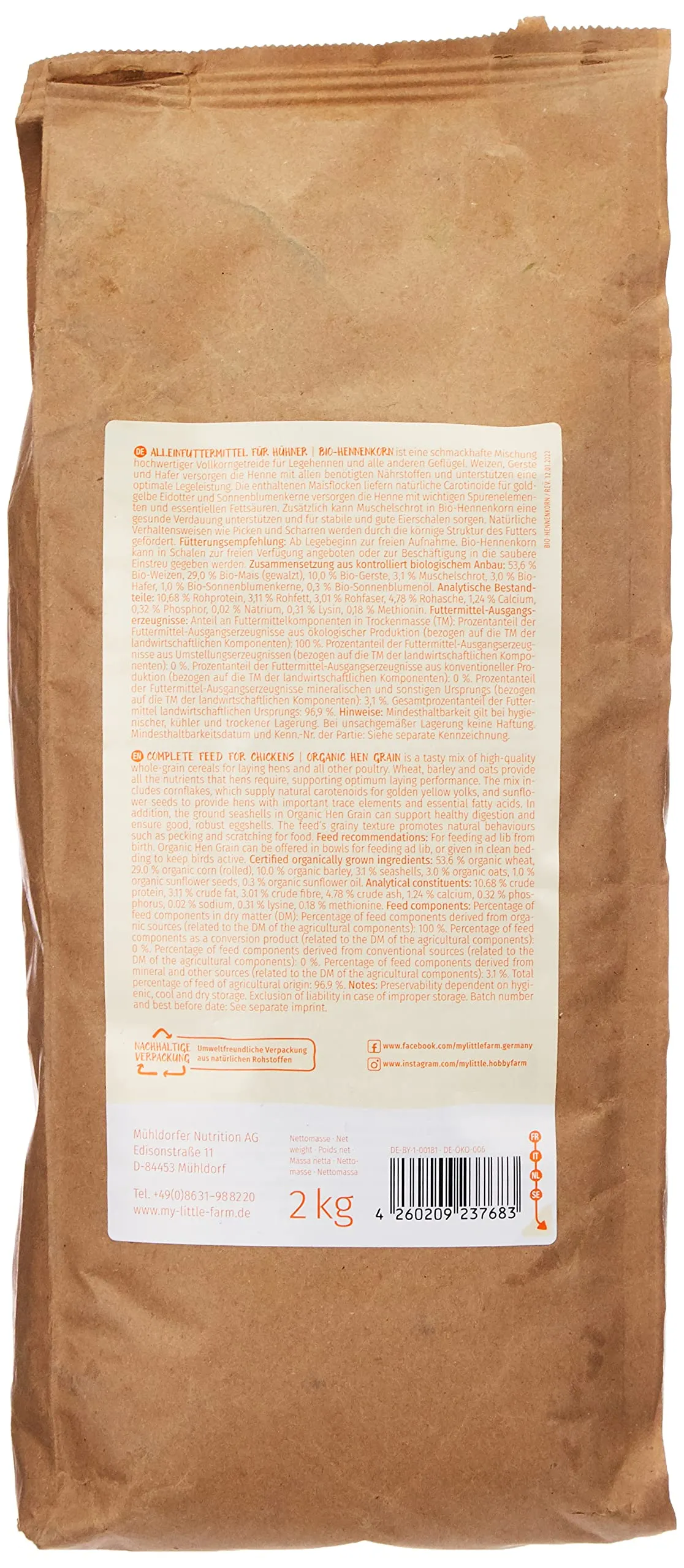 Mühldorfer My Little Farm Cibo Biologico per Galline e Pollame, Miscela di Cereali Integrali, 2 kg - immagine 2