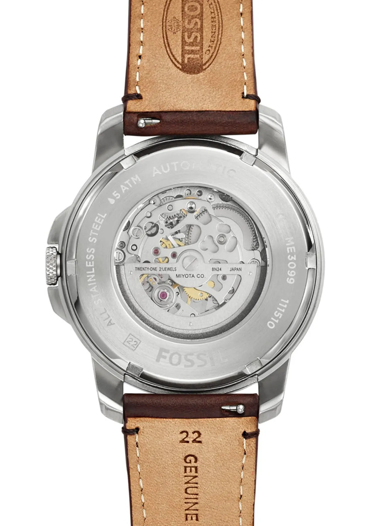 Fossil Grant Orologio da Uomo Automatico ME3099, Acciaio Inossidabile 45mm, Cinturino in Pelle Marrone - immagine 3