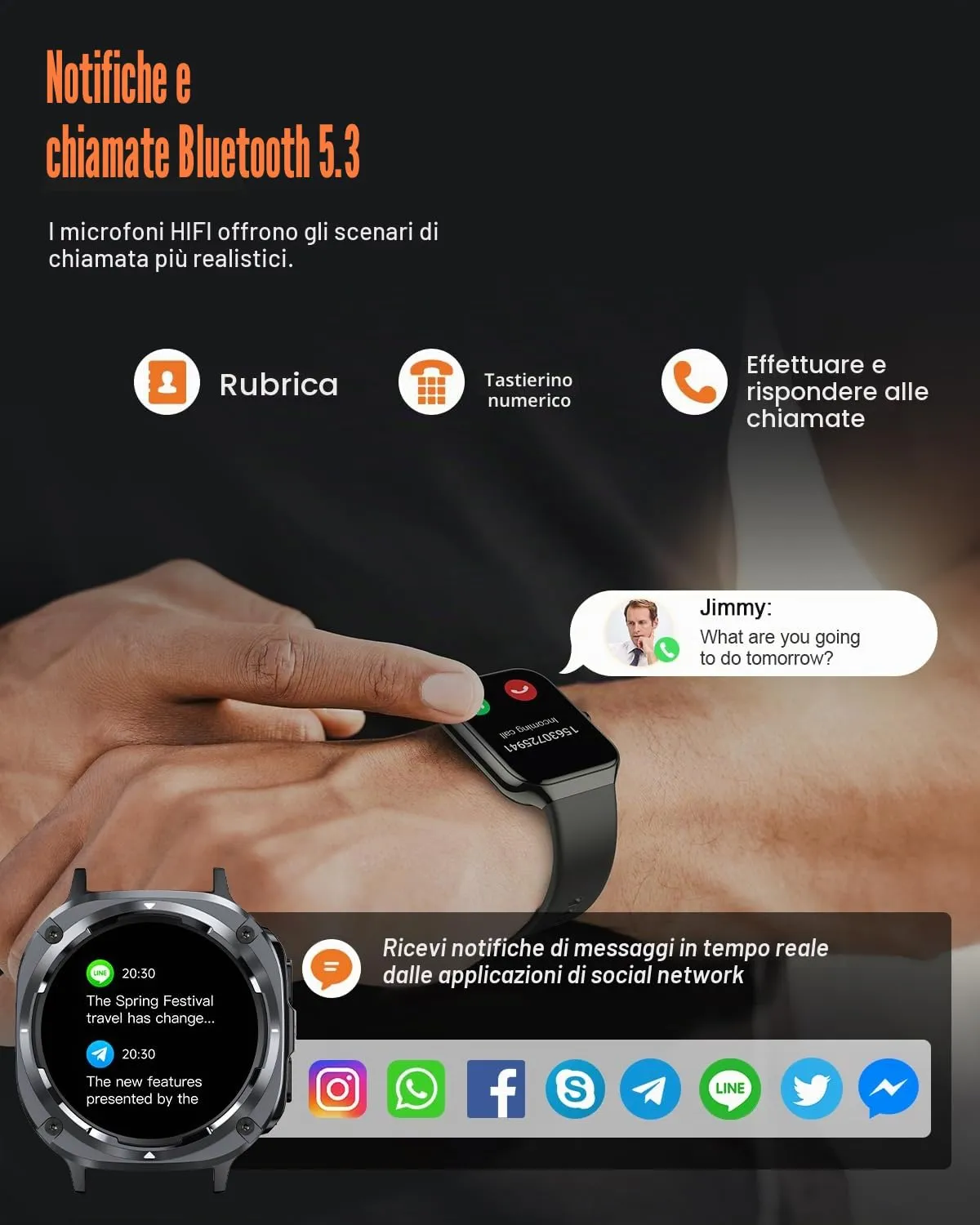 TIMU Smartwatch Uomo, 1,45" HD, Chiamata Bluetooth 5.3, 114+ Modalità Sportive, Cardiofrequenzimetro, Sonno, Contapassi, IP68 Impermeabile, Android iOS, Nero - immagine 3