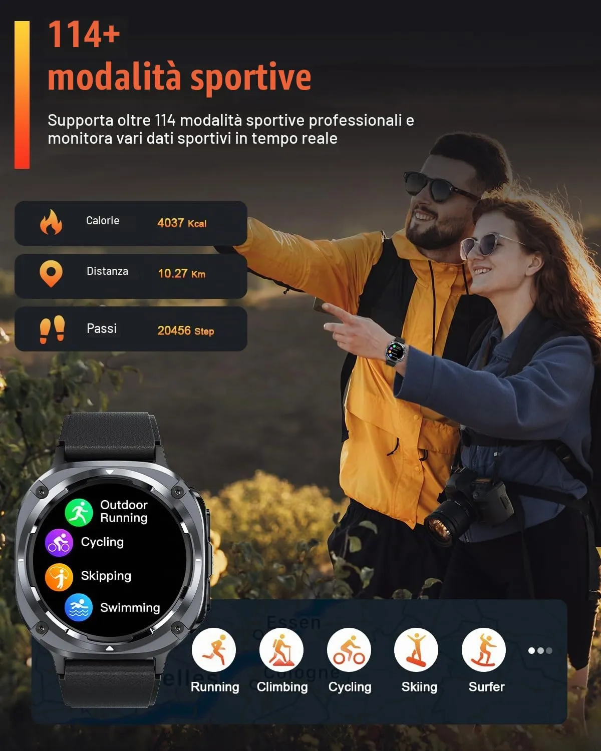 TIMU Smartwatch Uomo, 1,45" HD, Chiamata Bluetooth 5.3, 114+ Modalità Sportive, Cardiofrequenzimetro, Sonno, Contapassi, IP68 Impermeabile, Android iOS, Nero - immagine 4